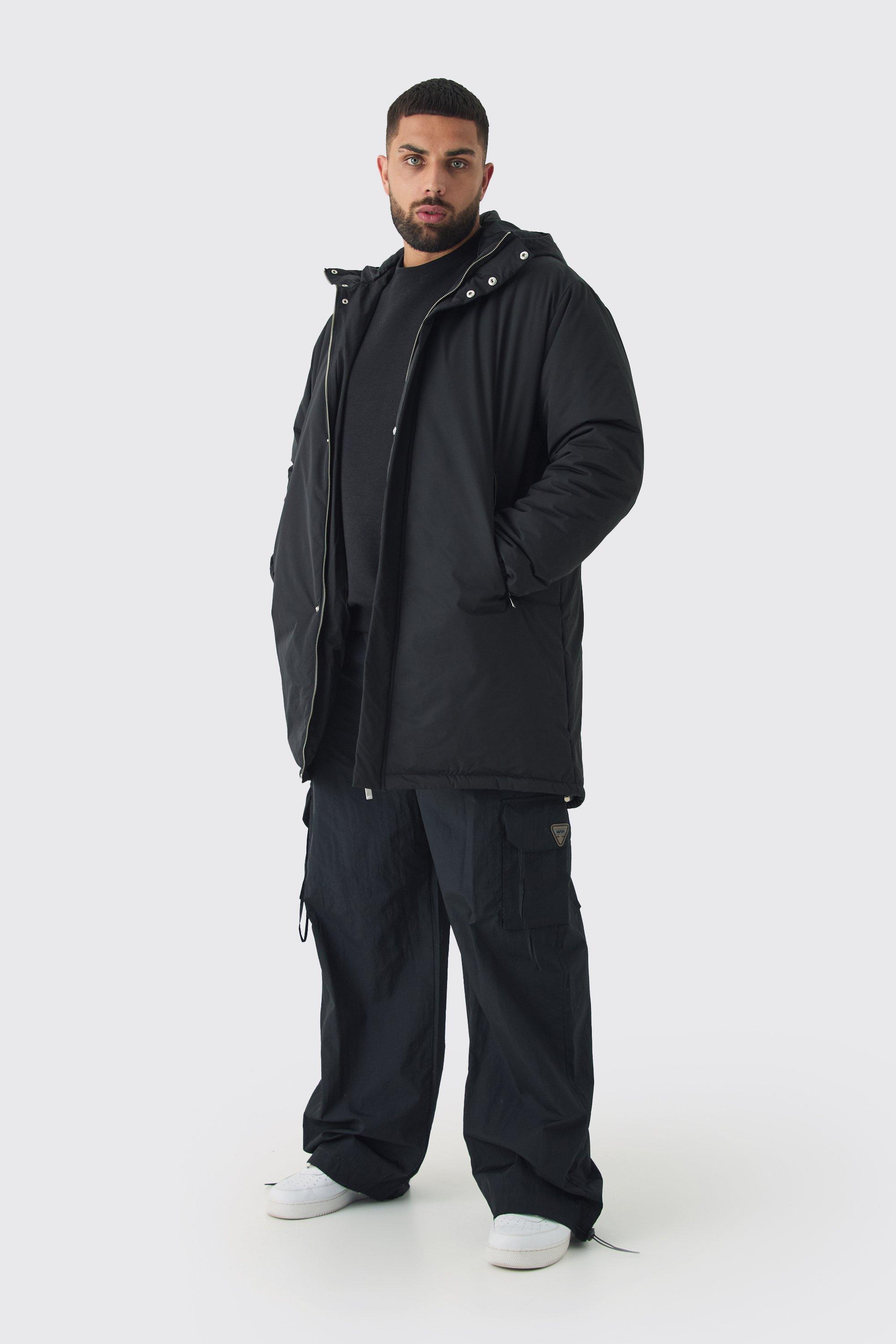 Parka Plus Size nero con cappuccio imbottito, Nero