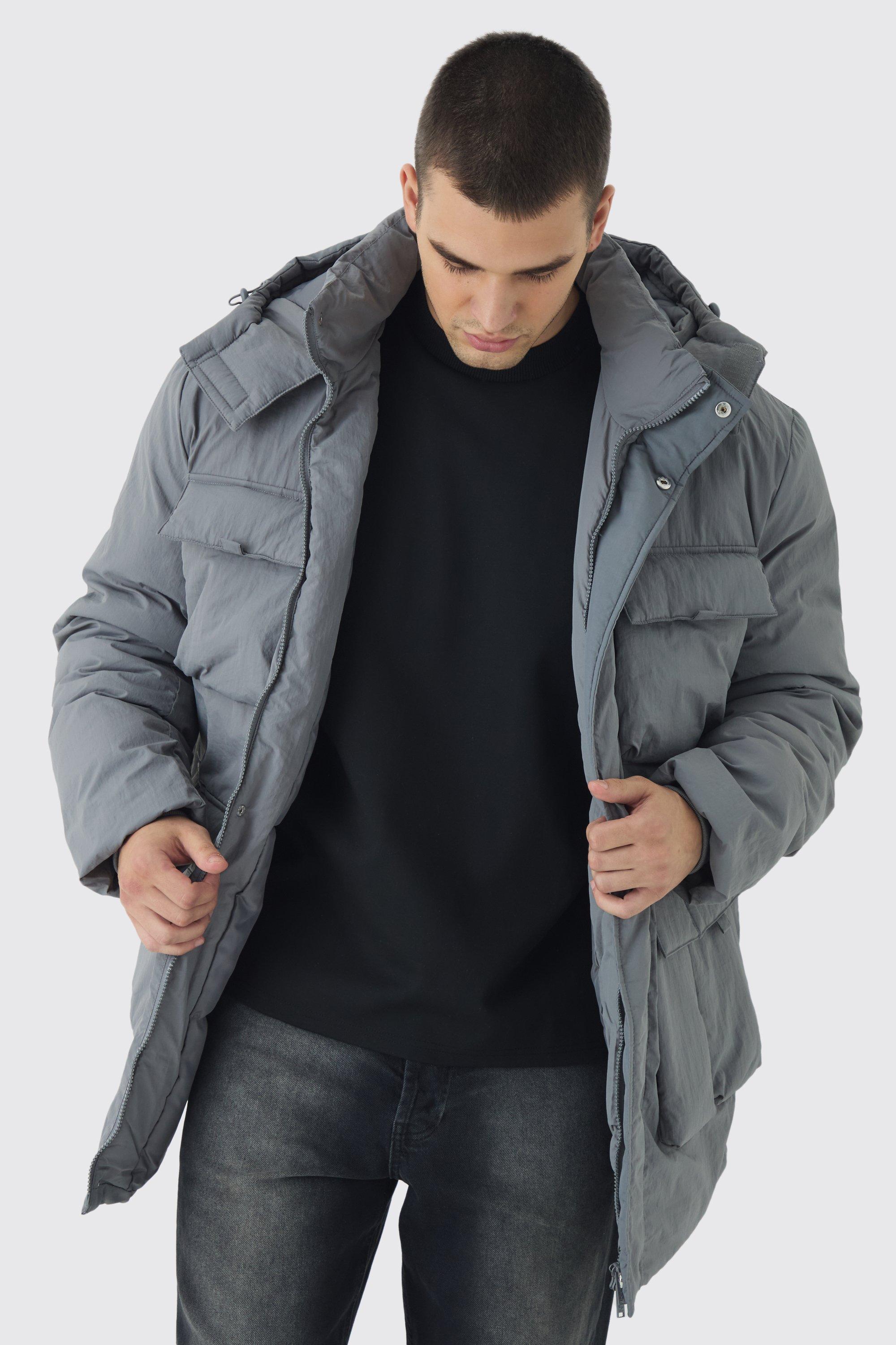 Parka Tall grigio con tasche Utility e cappuccio, Grigio