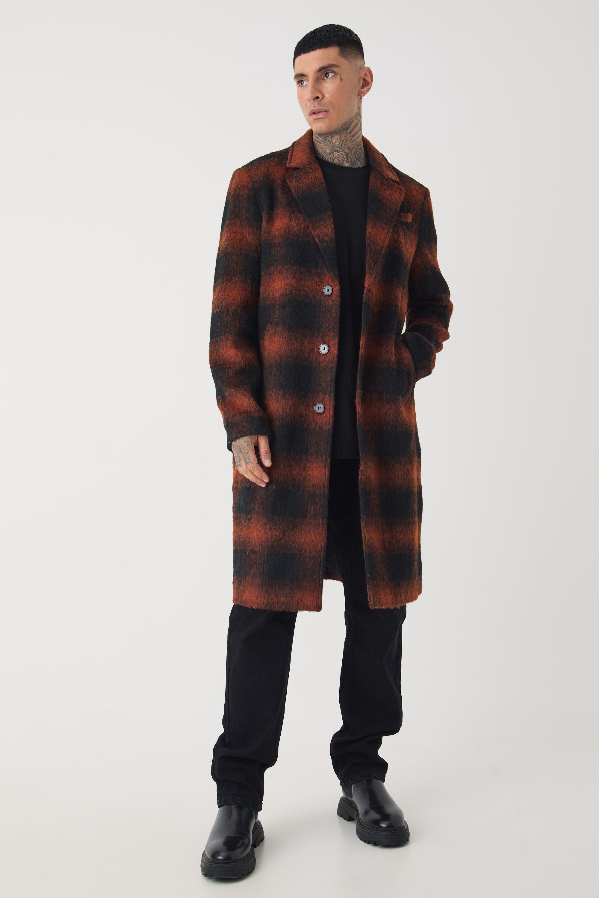 Mens Tall Oversized Brushed Check Overcoat In Brown, Brown