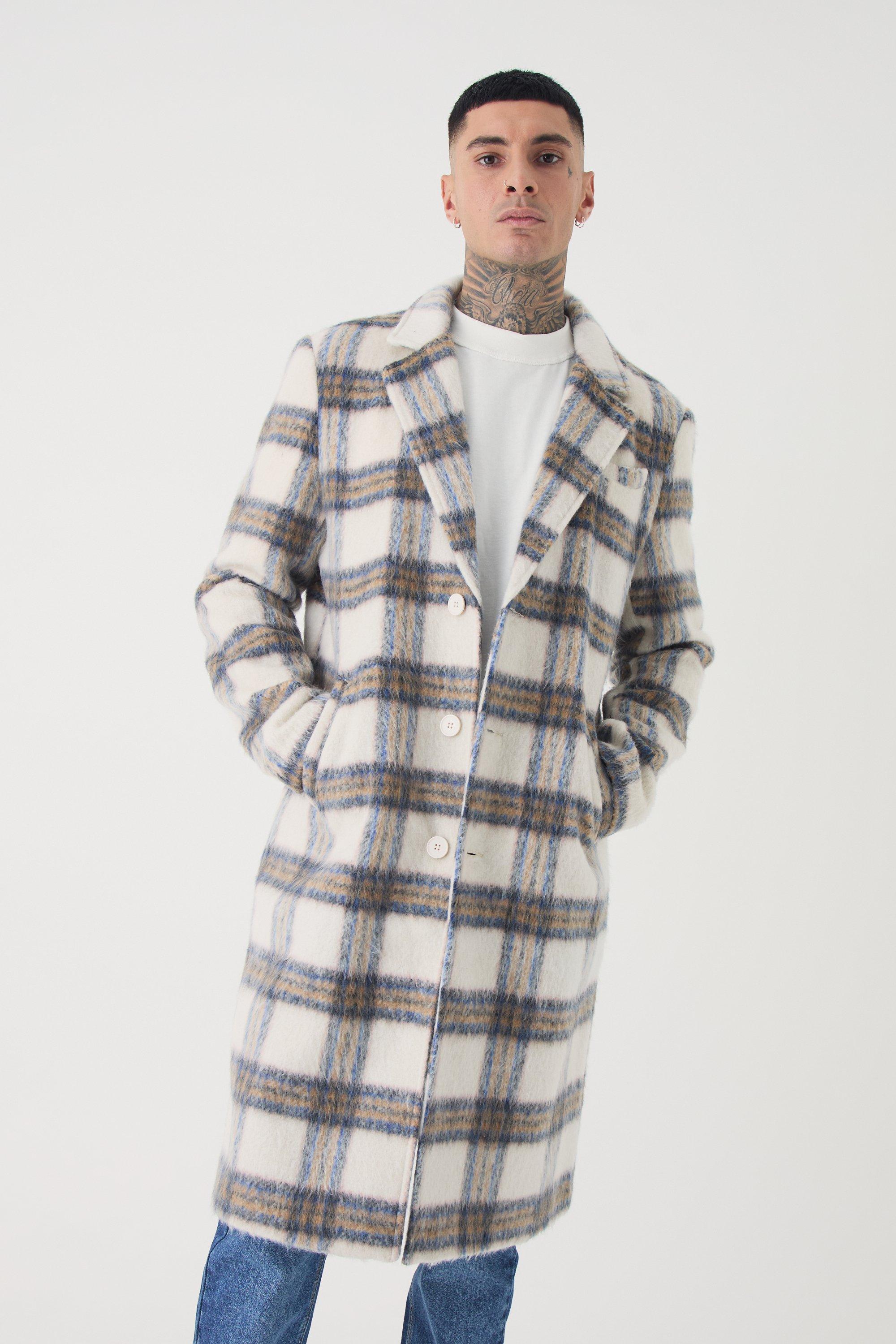 Mens Cream Tall Oversized Brushed Check Overcoat In Ecru, Cream