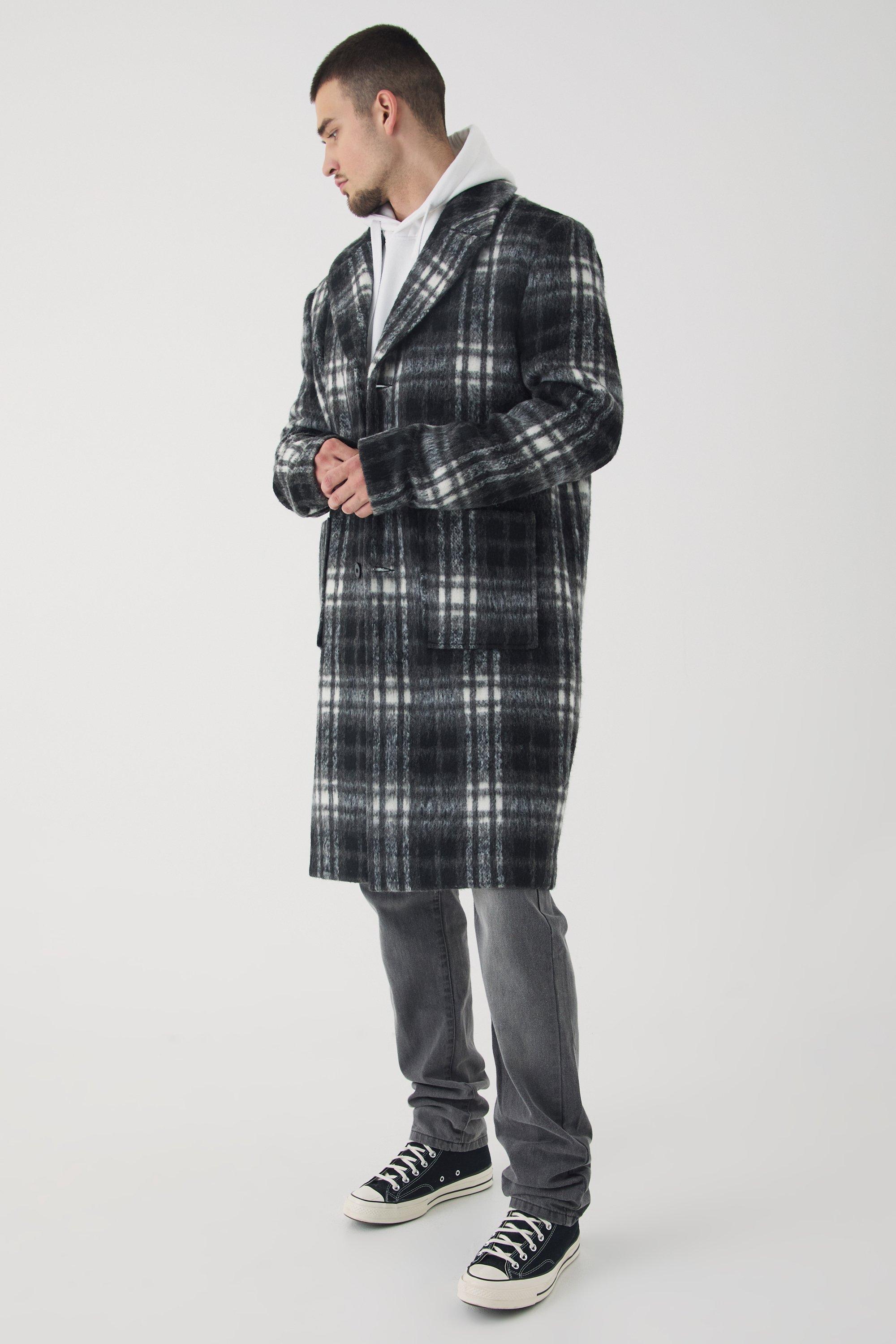 Mens Tall Relaxed Fit Single Breasted Check Overcoat In Black, Black