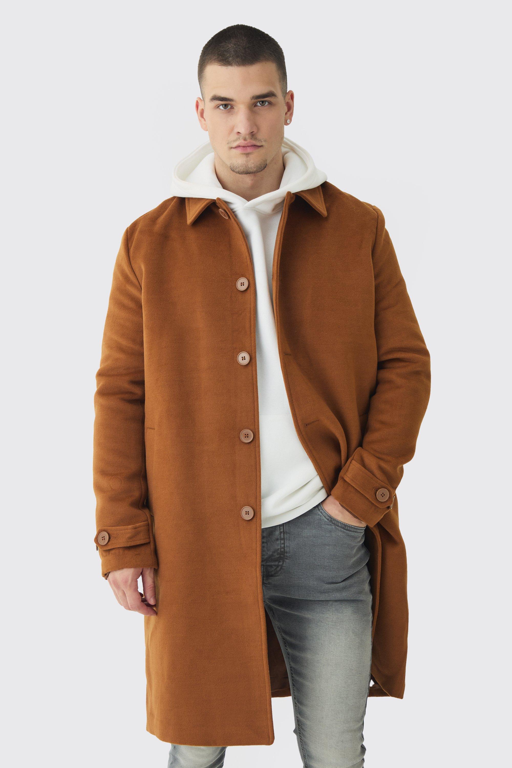 Mens Brown Tall Single Breasted Collared Overcoat In Tan, Brown