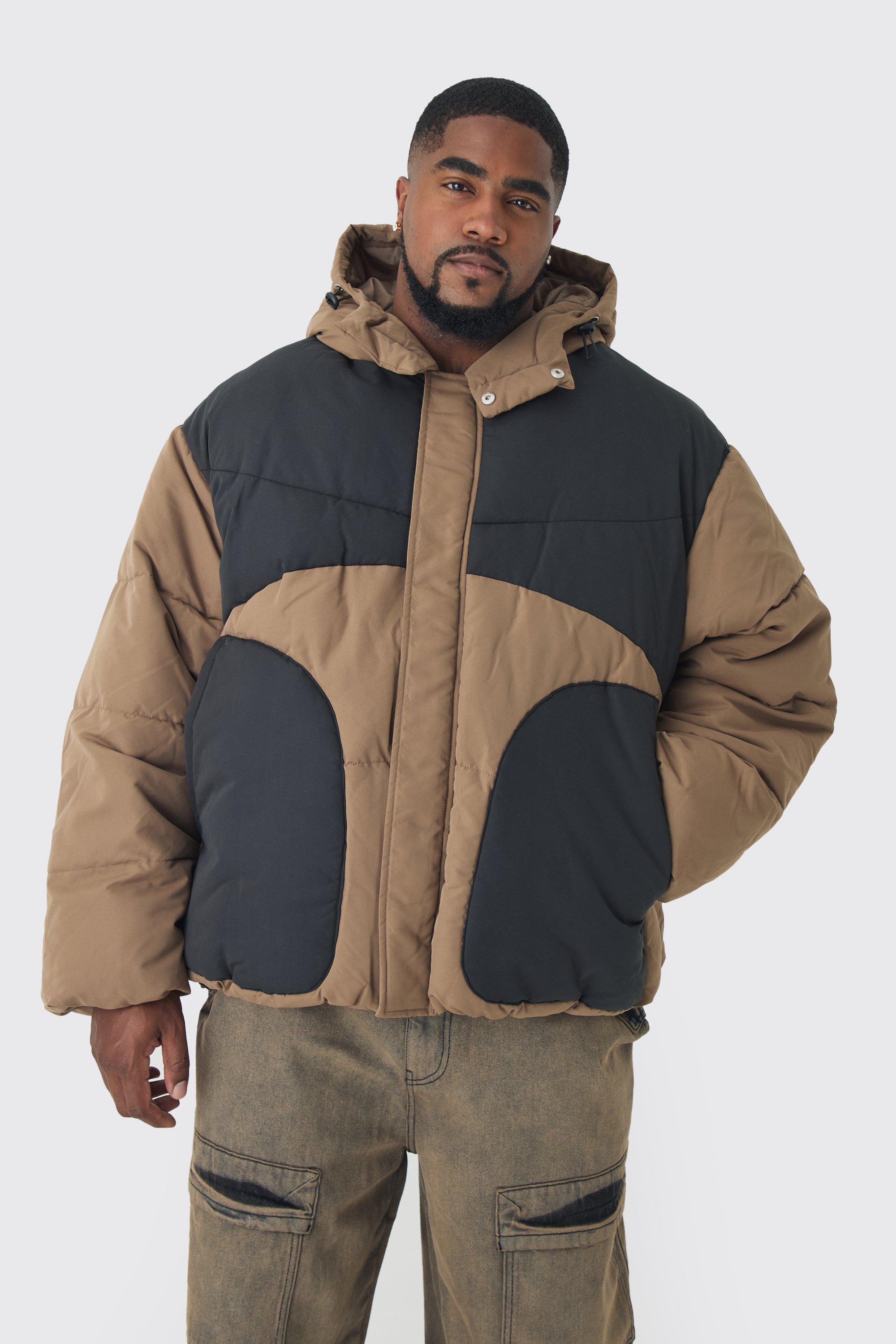 Mens Plus Colour Block Quilted Hooded Puffer Jacket In Beige, Beige