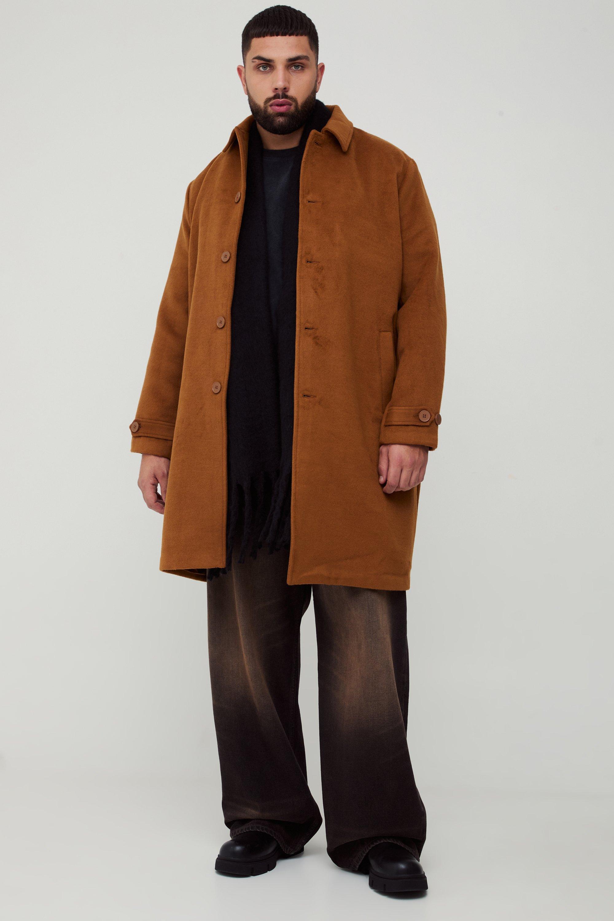 Mens Brown Plus Single Breasted Collared Overcoat In Tan, Brown