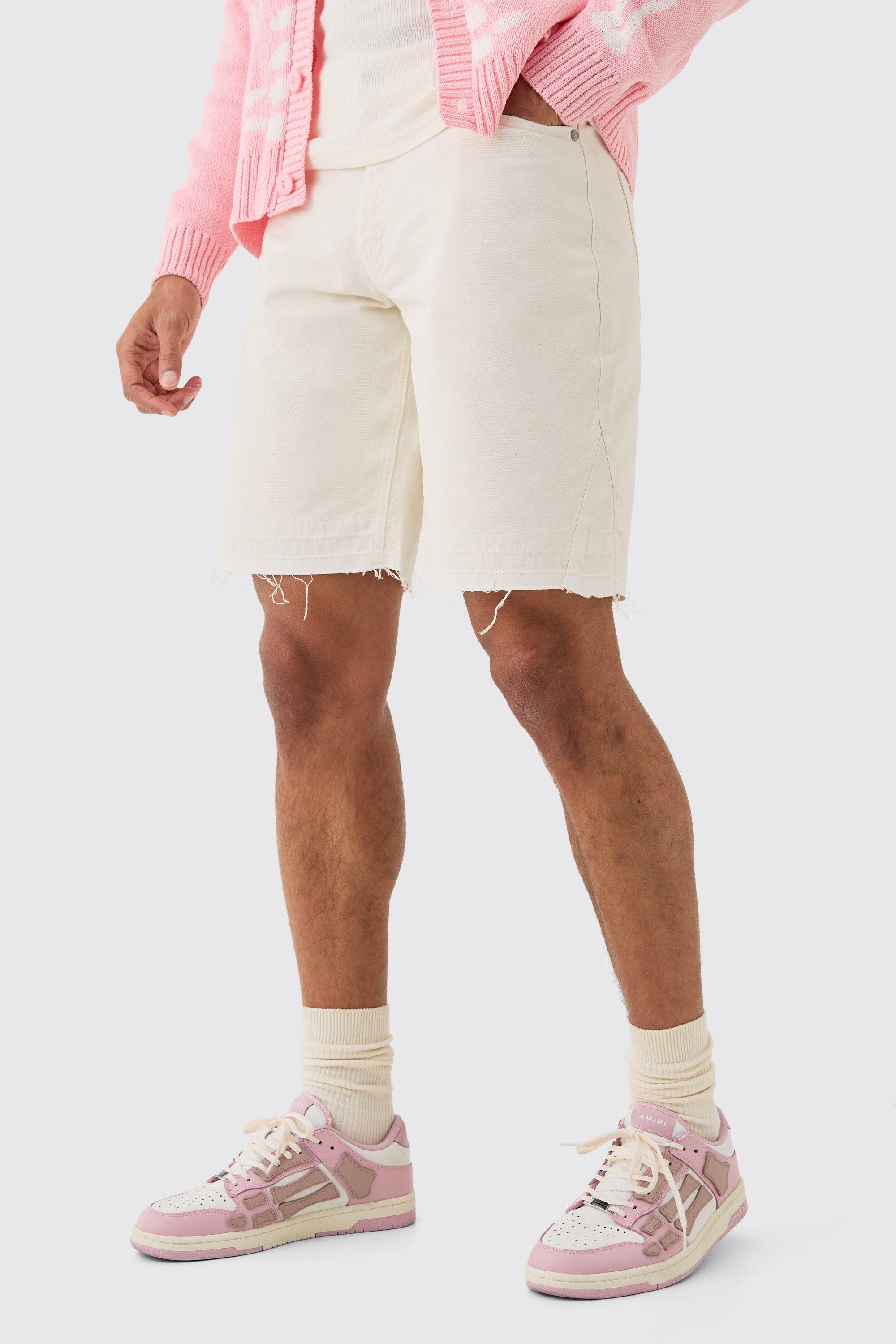 Mens Cream Fixed Waist Raw Hem Relaxed Gusset Shorts, Cream