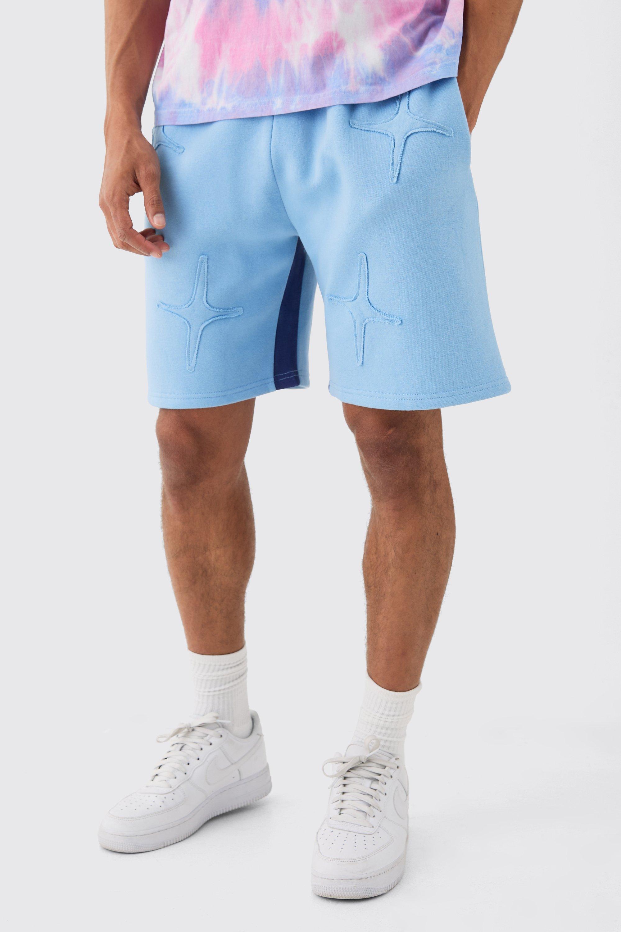 Image of Relaxed Blue Raw Applique Shorts, Azzurro