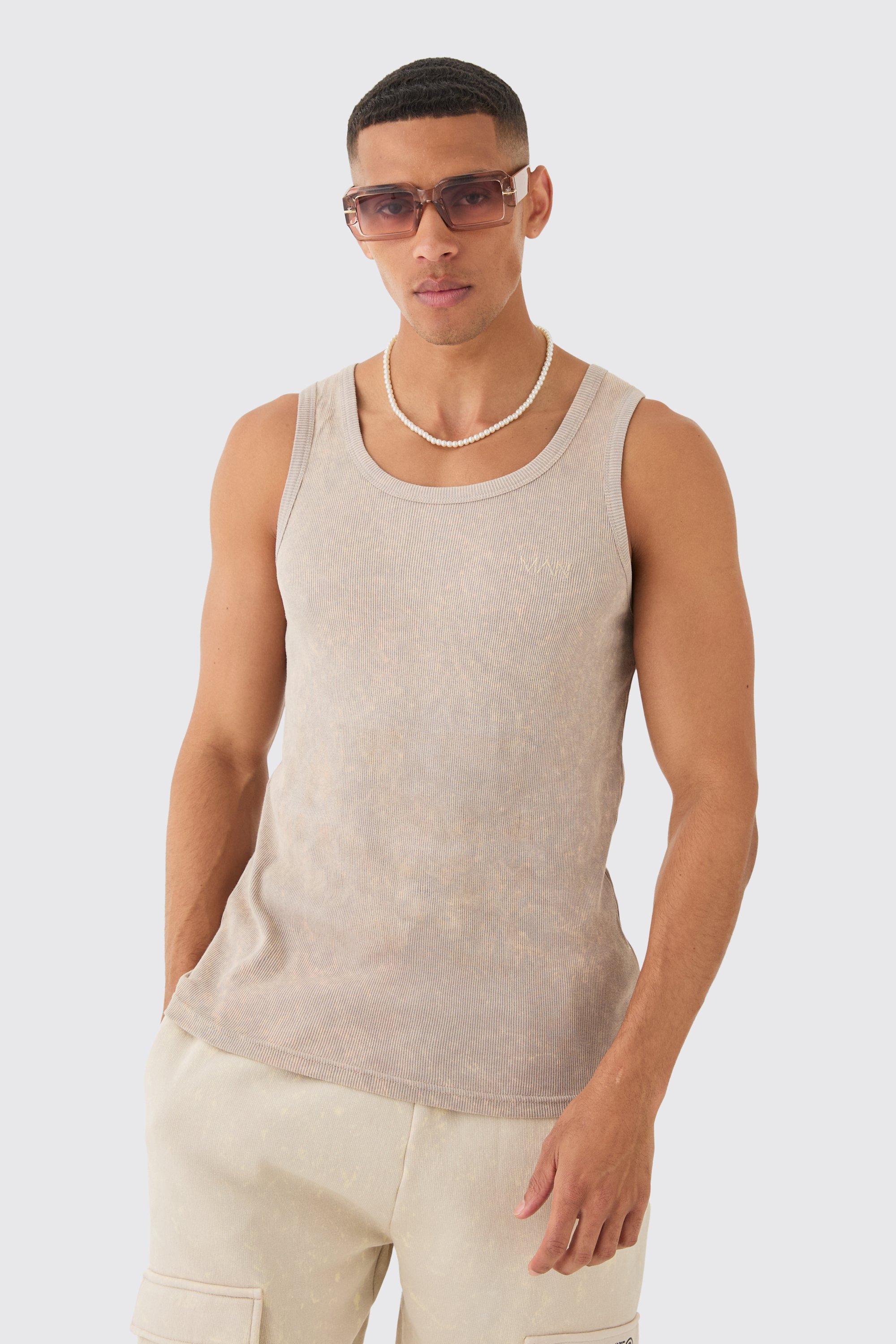 Image of Slim Acid Washed Man Ribbed Vest, Beige