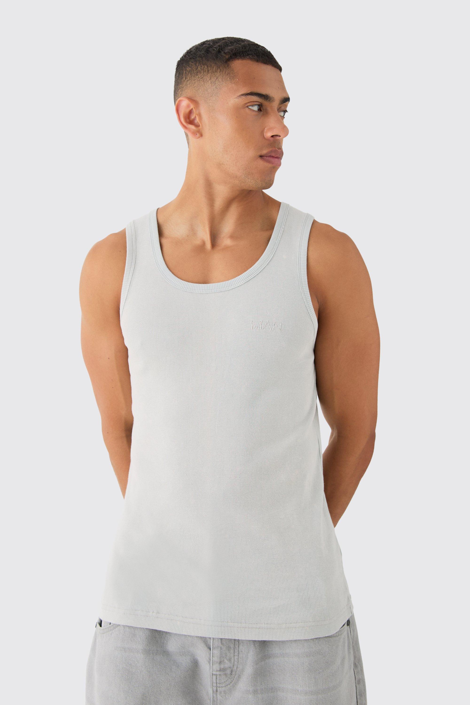 Image of Slim Acid Washed Man Ribbed Vest, Grigio