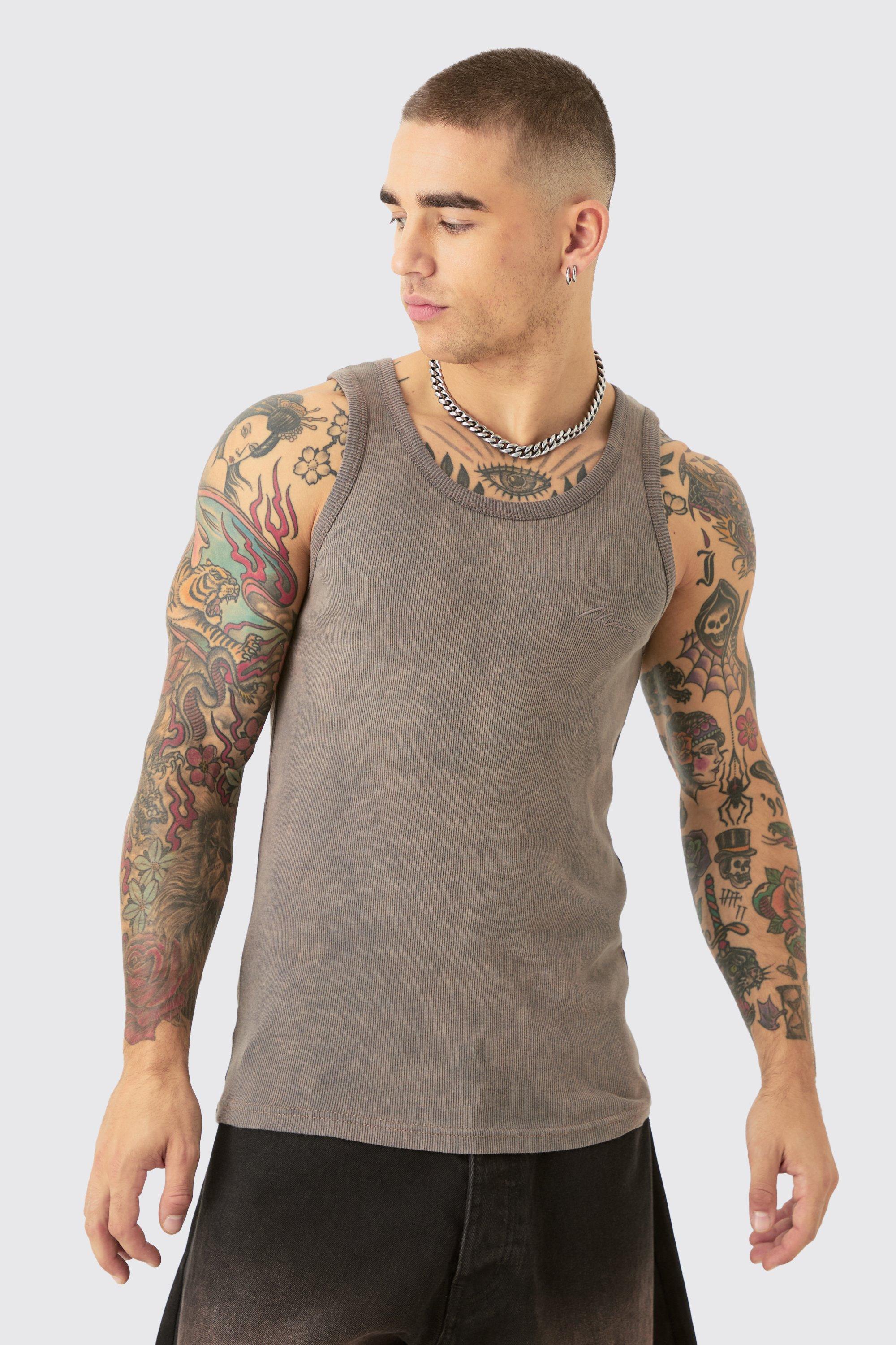 Image of Slim Acid Washed Man Signature Ribbed Vest, Brown