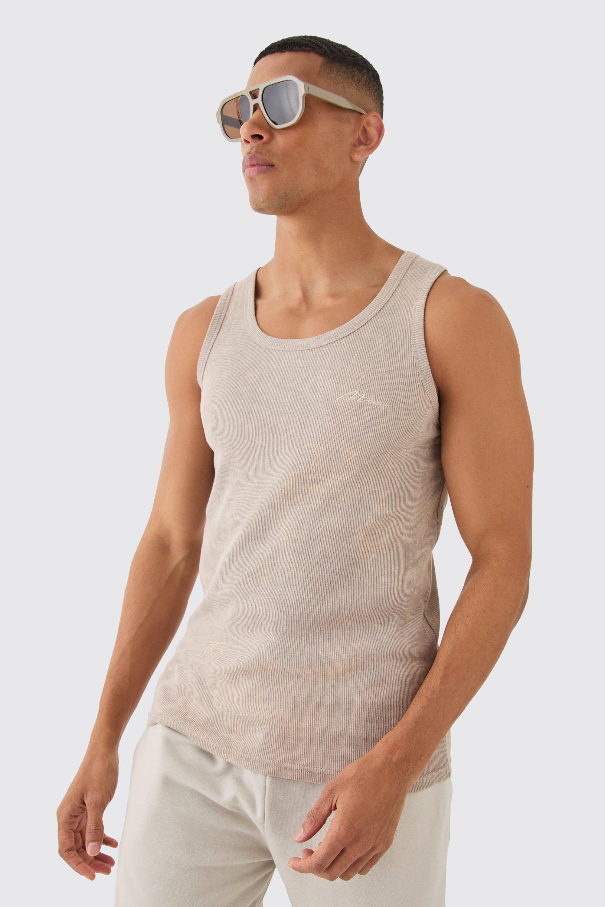 Image of Slim Acid Washed Man Signature Ribbed Vest, Beige
