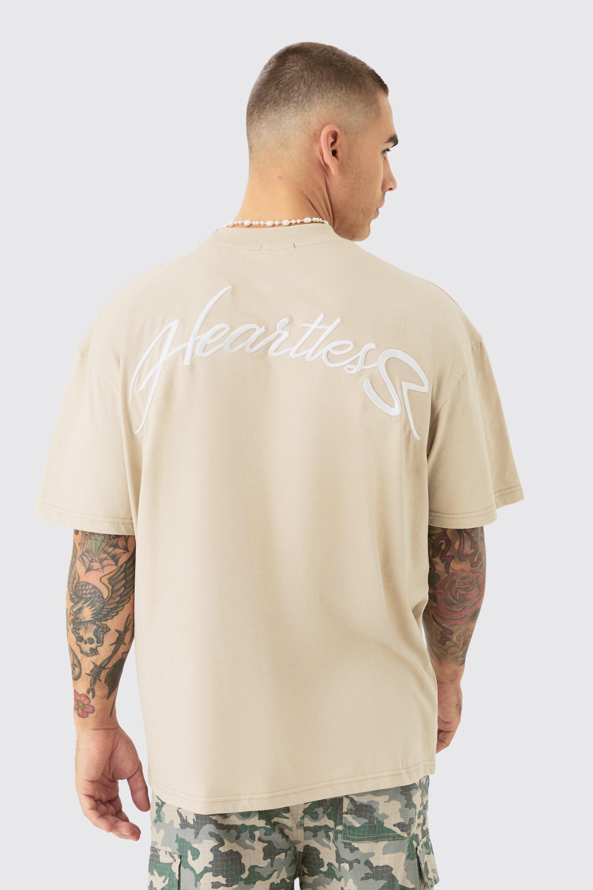 Mens Beige Oversized Extended Neck Heavyweight Slogan T-shirt, Beige