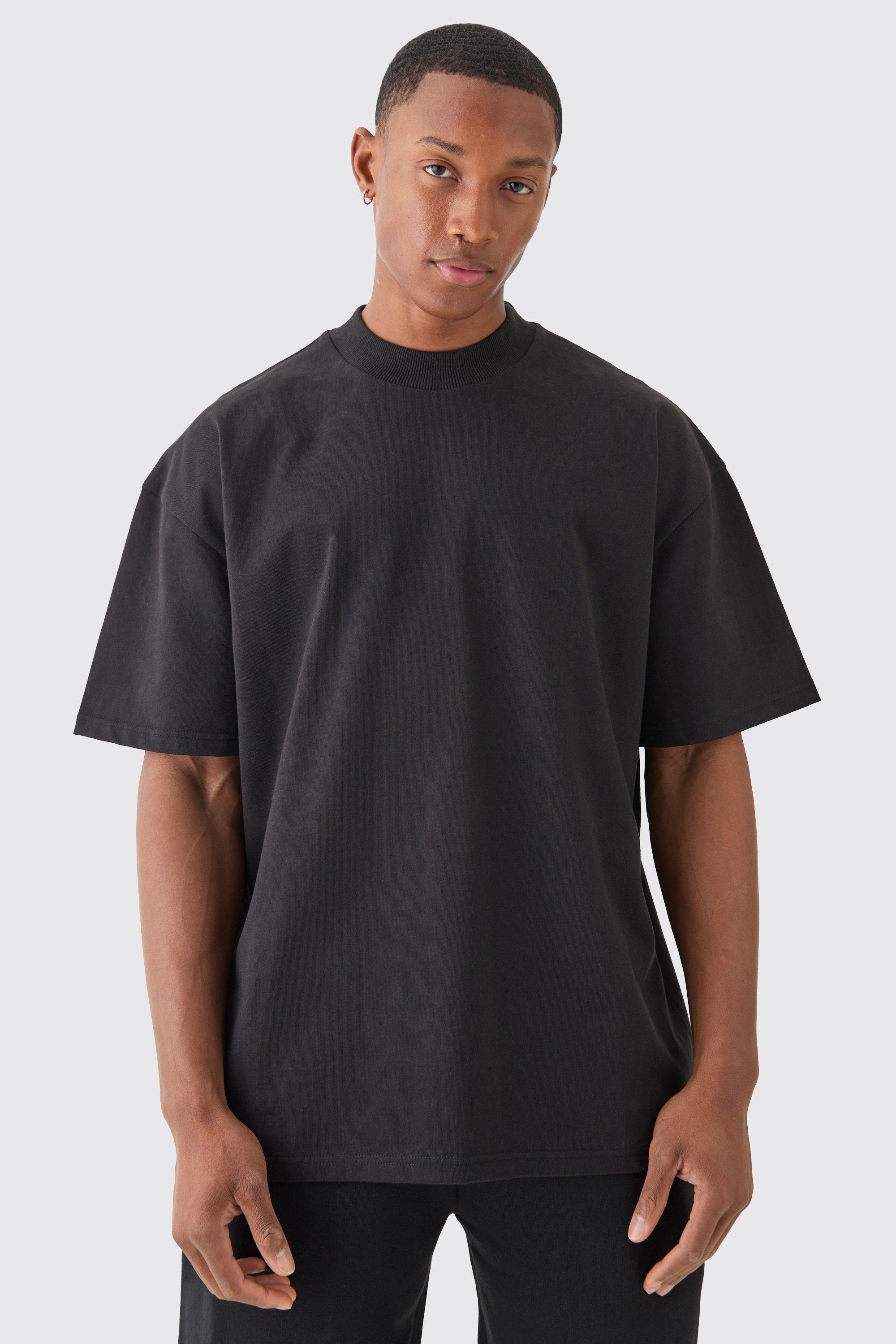 Mens Black Oversized Extended Neck Super Heavyweight T-shirt, Black