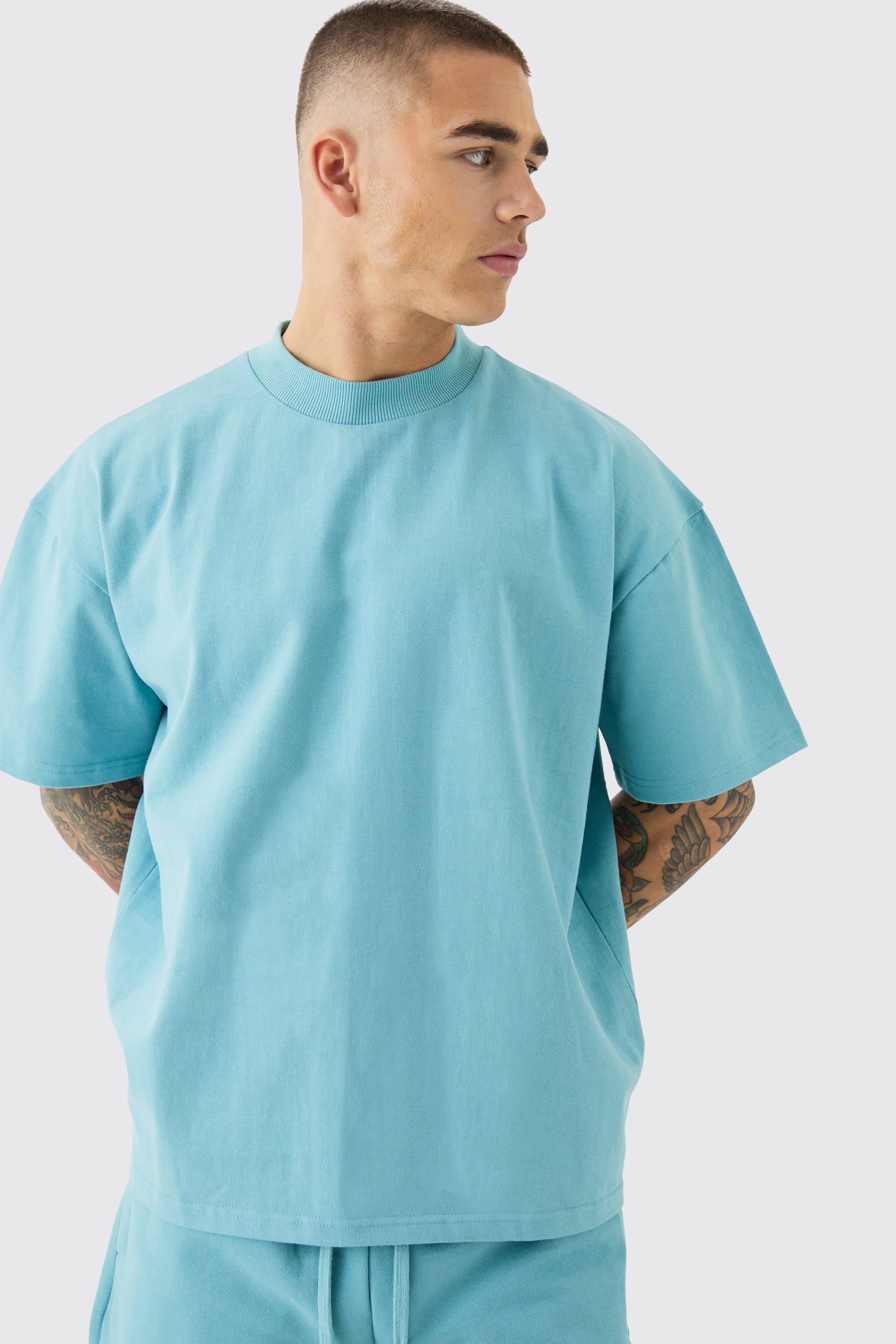 T-shirt oversize super pesante con girocollo esteso, Azzurro