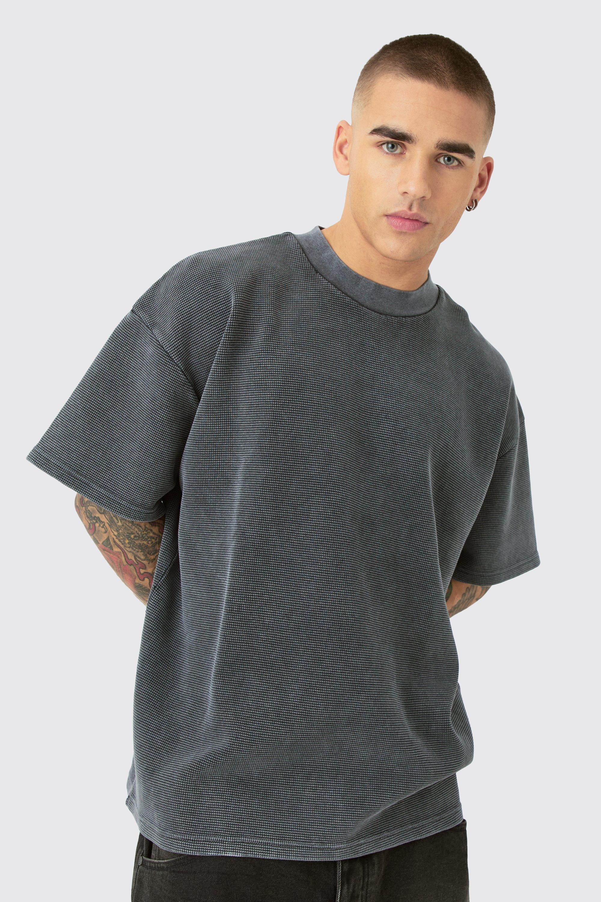 Mens Grey Oversized Washed Heavyweight Waffle T-shirt, Grey