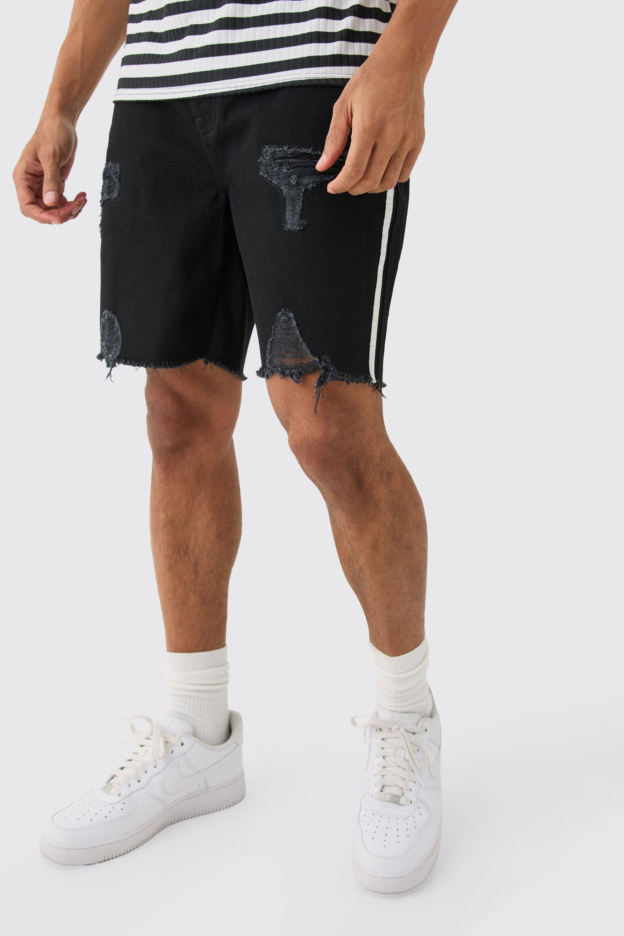 Image of Relaxed Rigid Side Tape Ripped Denim Short In True Black, Nero