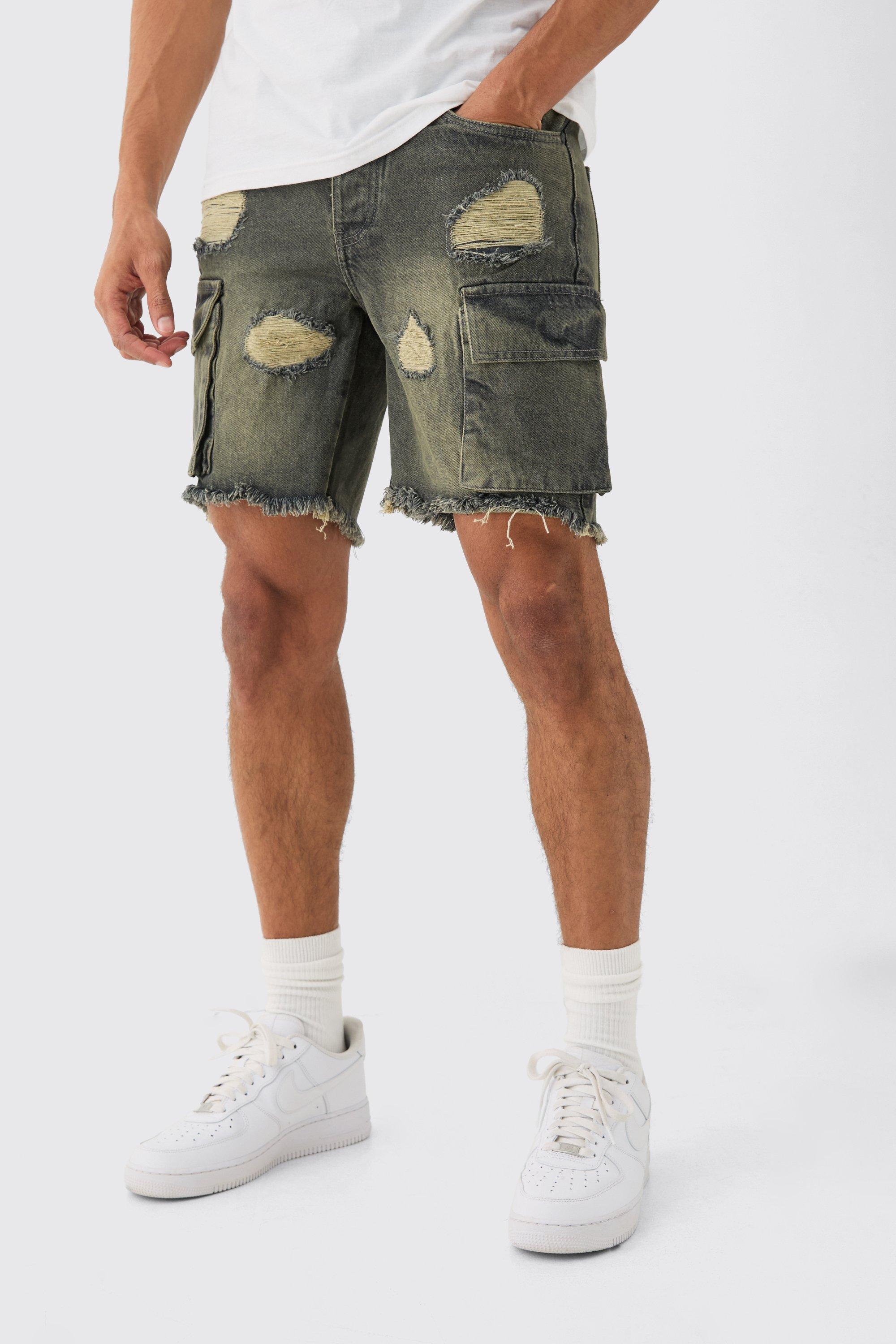 Mens Slim Rigid Ripped Cargo Pocket Denim Short In Antique Grey, Grey