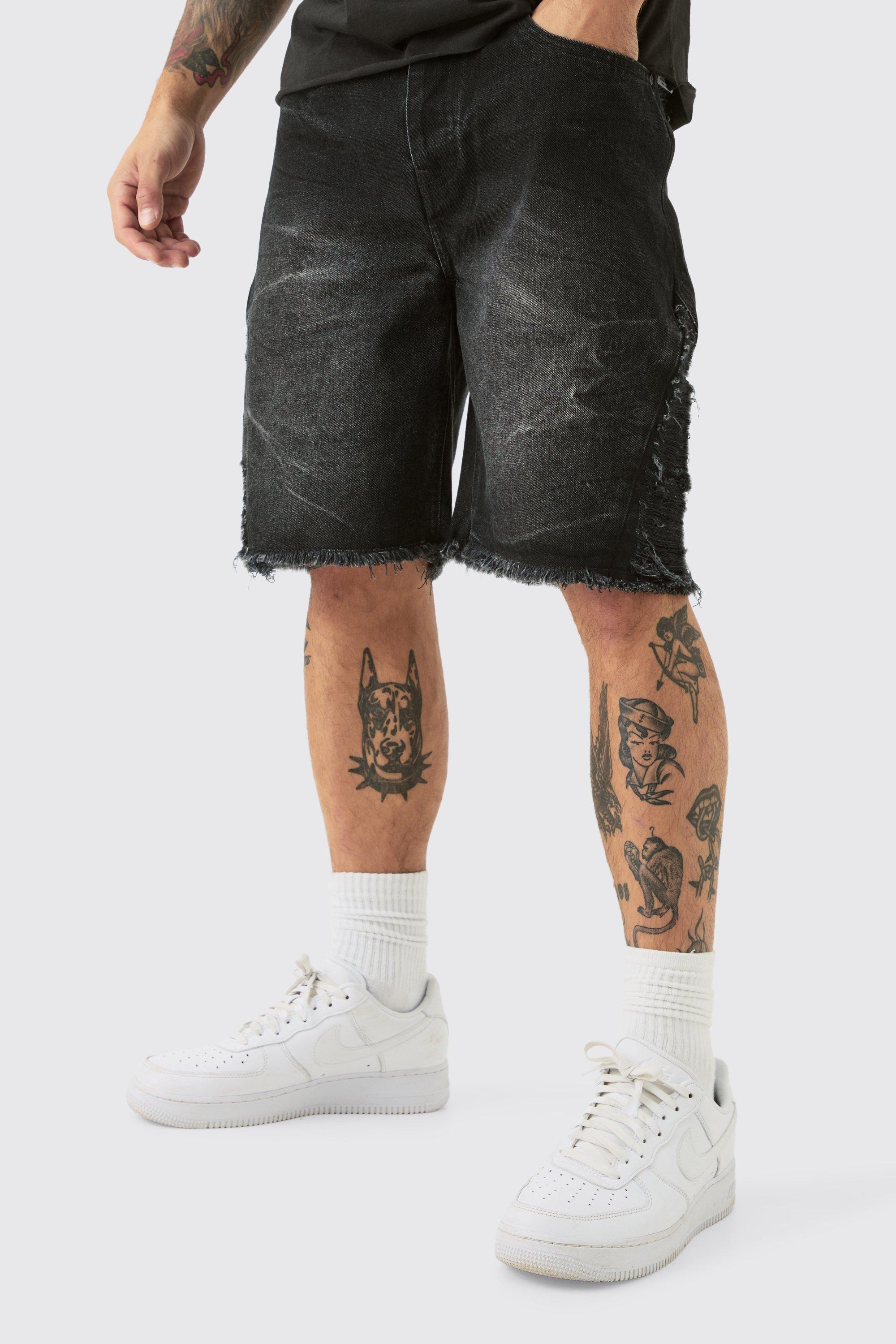 Mens Relaxed Rigid Extreme Side Ripped Denim Short In Washed Black, Black