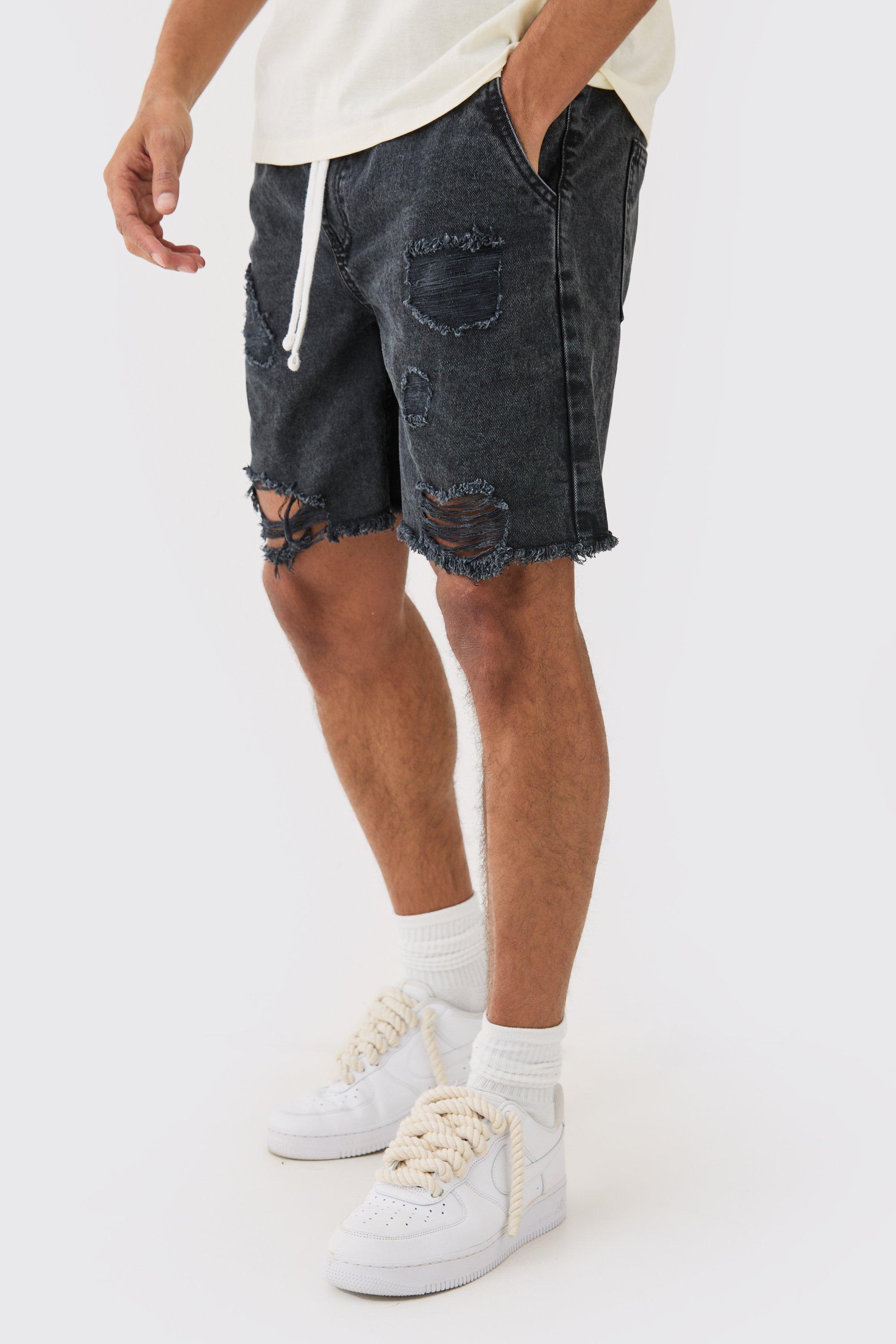 Image of Relaxed Rigid Elastic Waist Ripped Denim Short In Washed Black, Nero