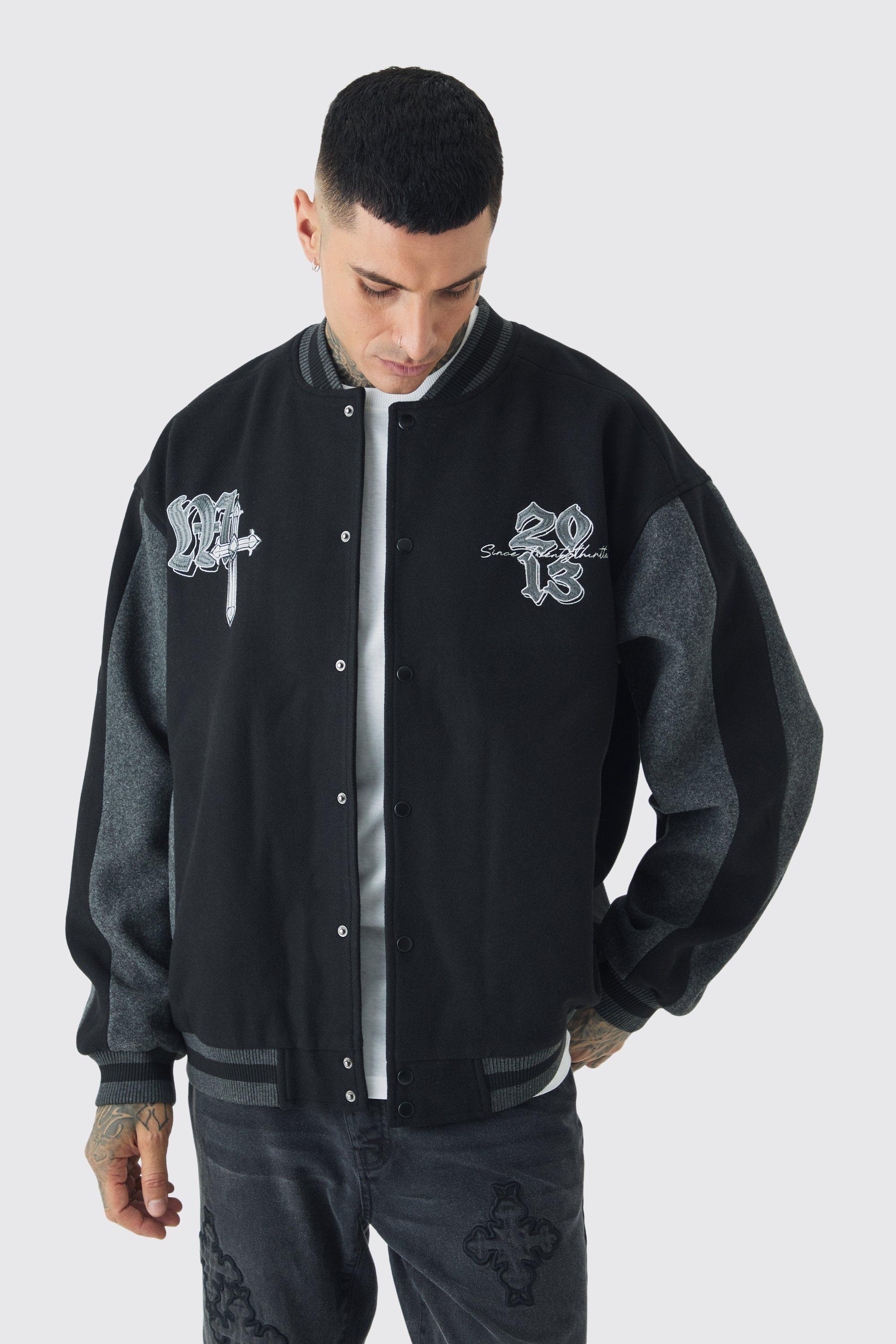 Mens Tall Oversized Official Colour Block Varsity Jacket In Black, Black