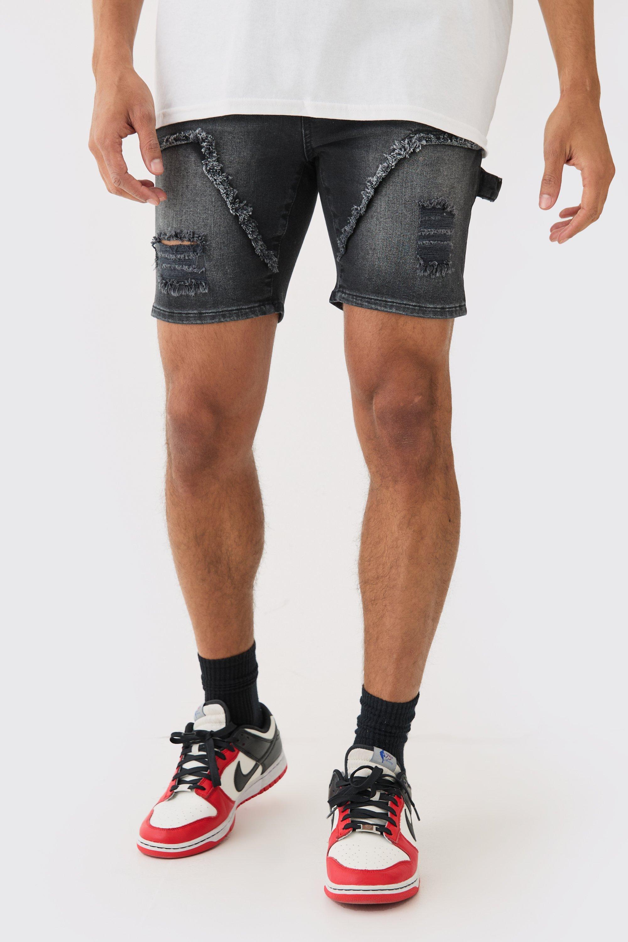 Image of Skinny Stretch Ripped Carpenter Denim Shorts In Washed Black, Nero