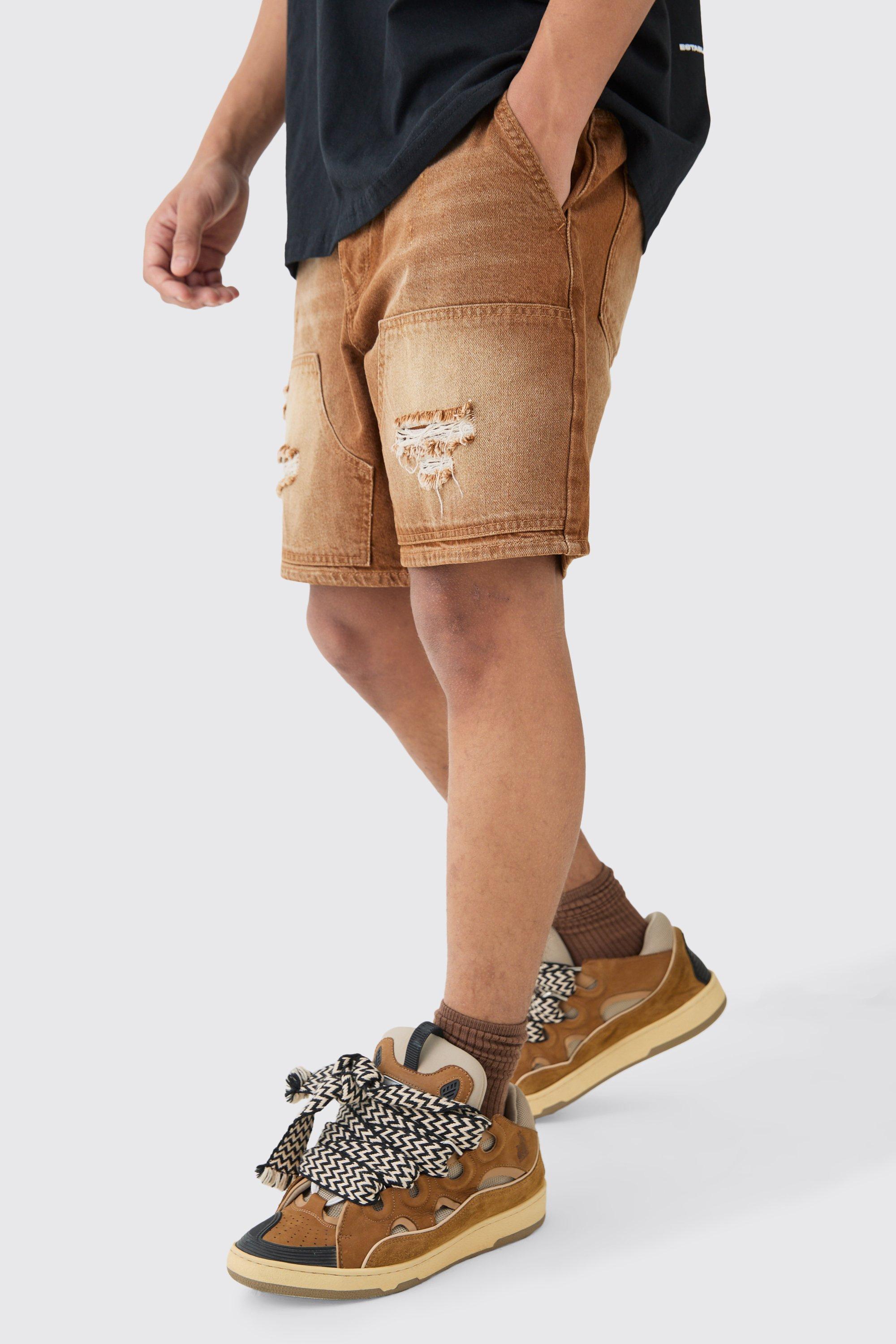 Image of Relaxed Rigid Ripped Carpenter Denim Short In Brown, Brown