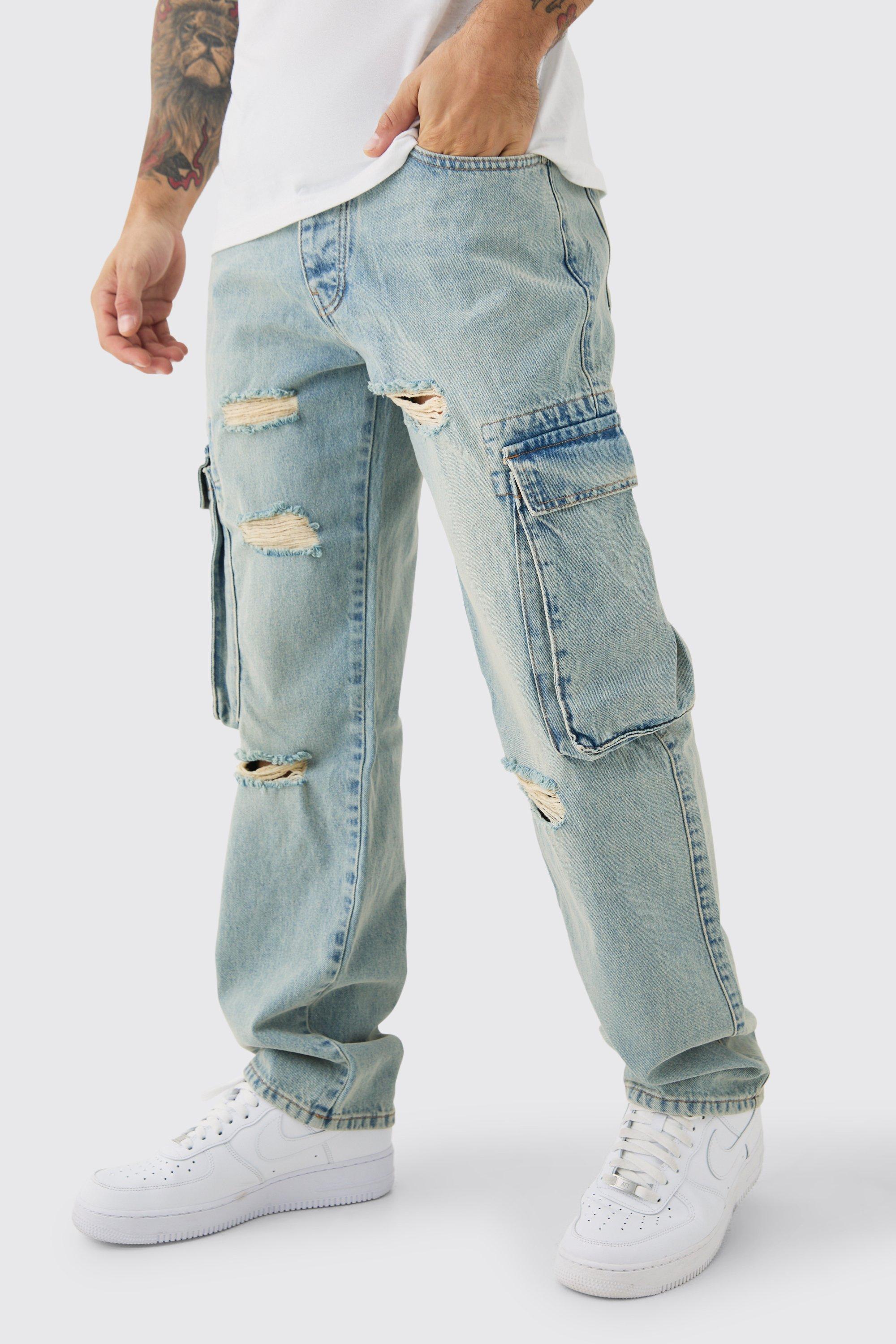 Image of Relaxed Rigid Ripped Cargo Pocked Denim Jean In Light Blue, Azzurro