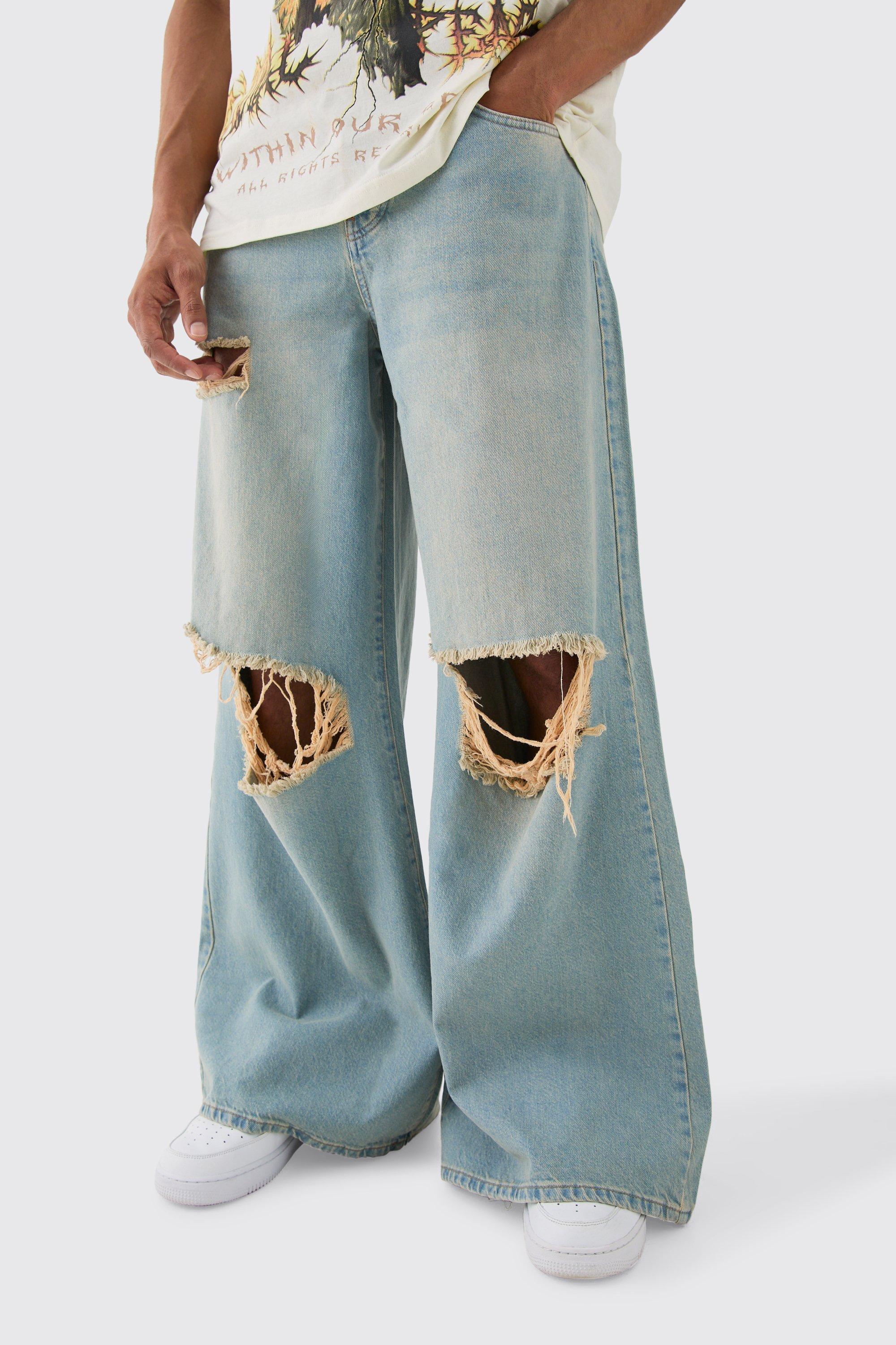 Image of Extreme Baggy Rigid Exploded Knee Rip Denim Jean In Light Blue, Azzurro