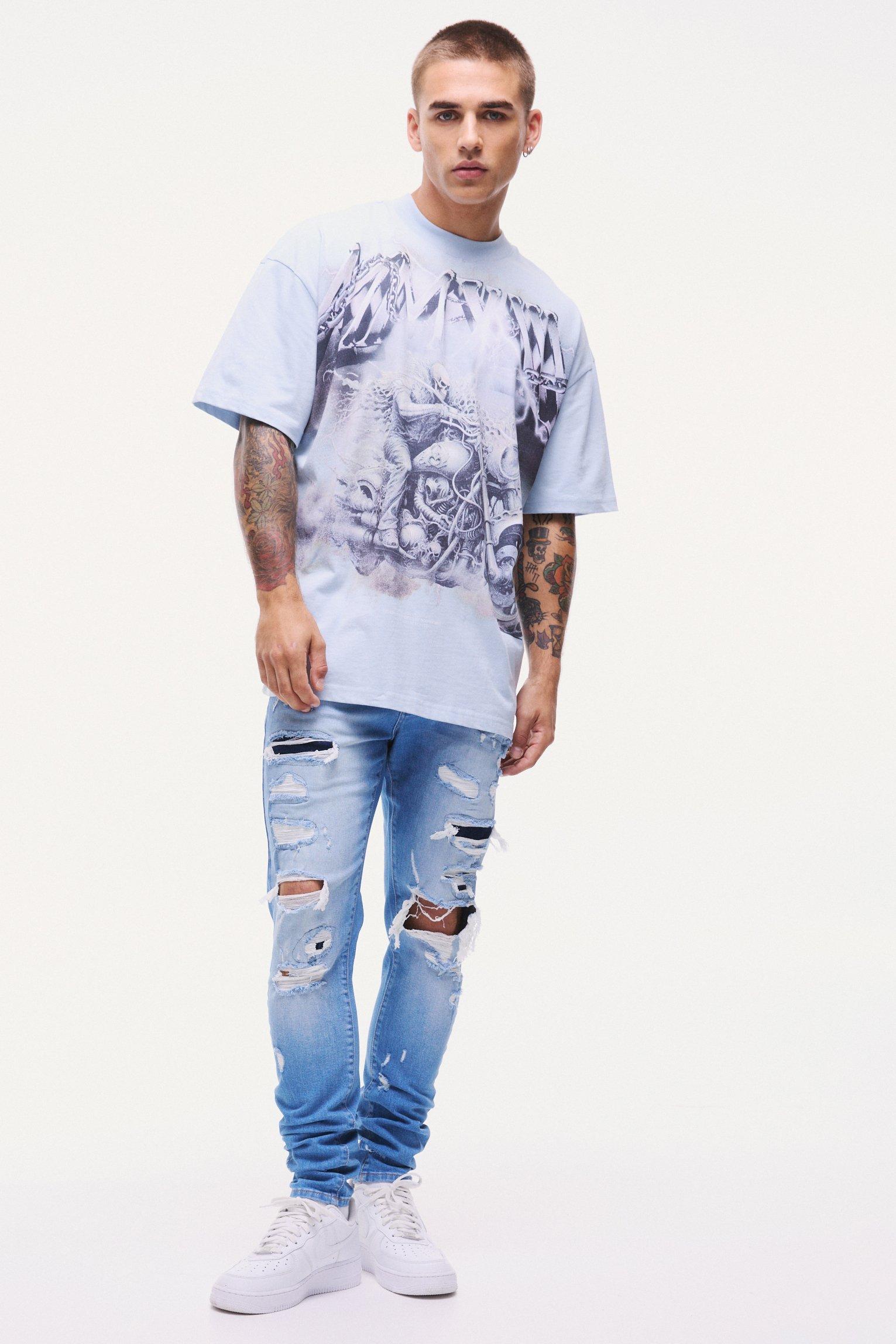 Mens Skinny Stretch All Over Rip Bleached Denim Jean In Light Blue, Blue