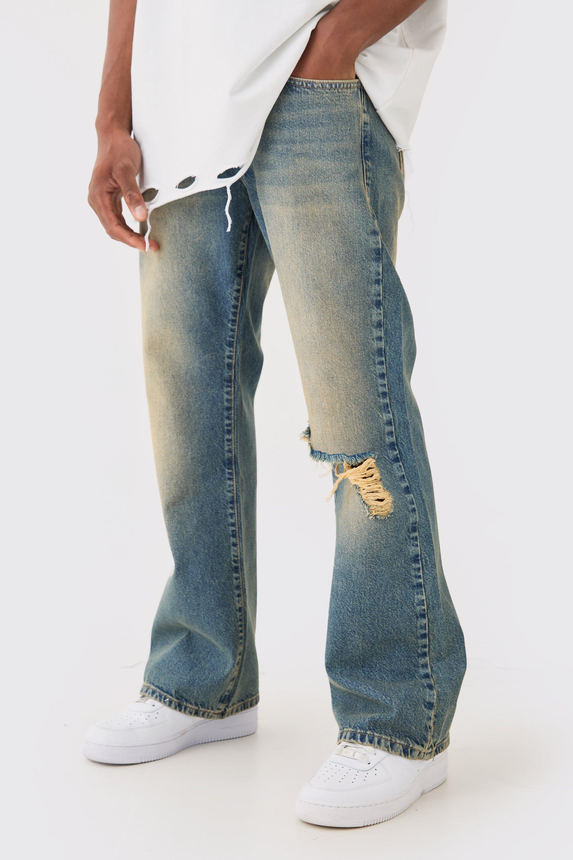 Image of Relaxed Flare Rigid Knee Rip Tinted Denim Jean, Verde