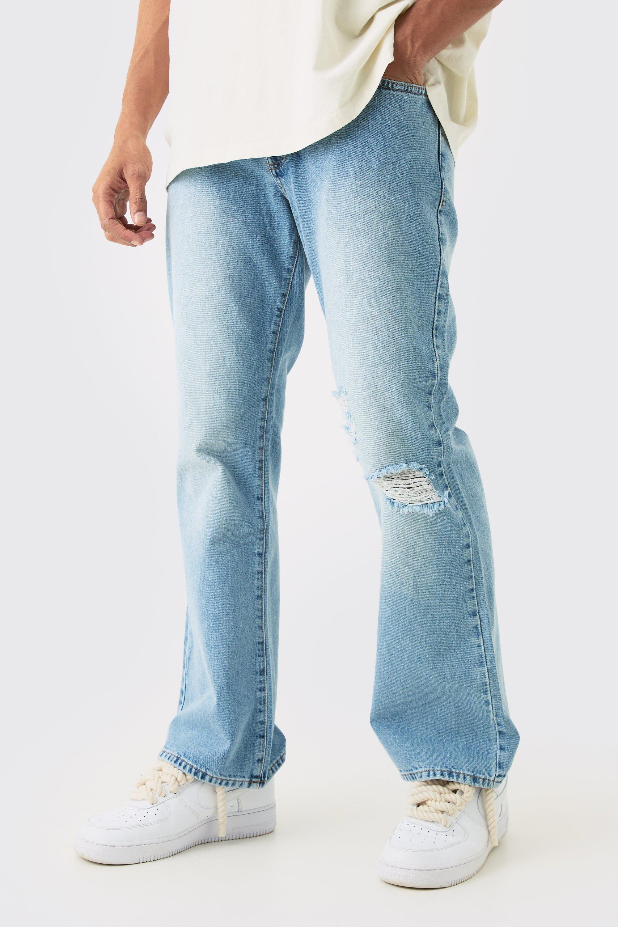 Mens Blue Relaxed Flare Rigid Knee Rip Snow Wash Denim Jean, Blue