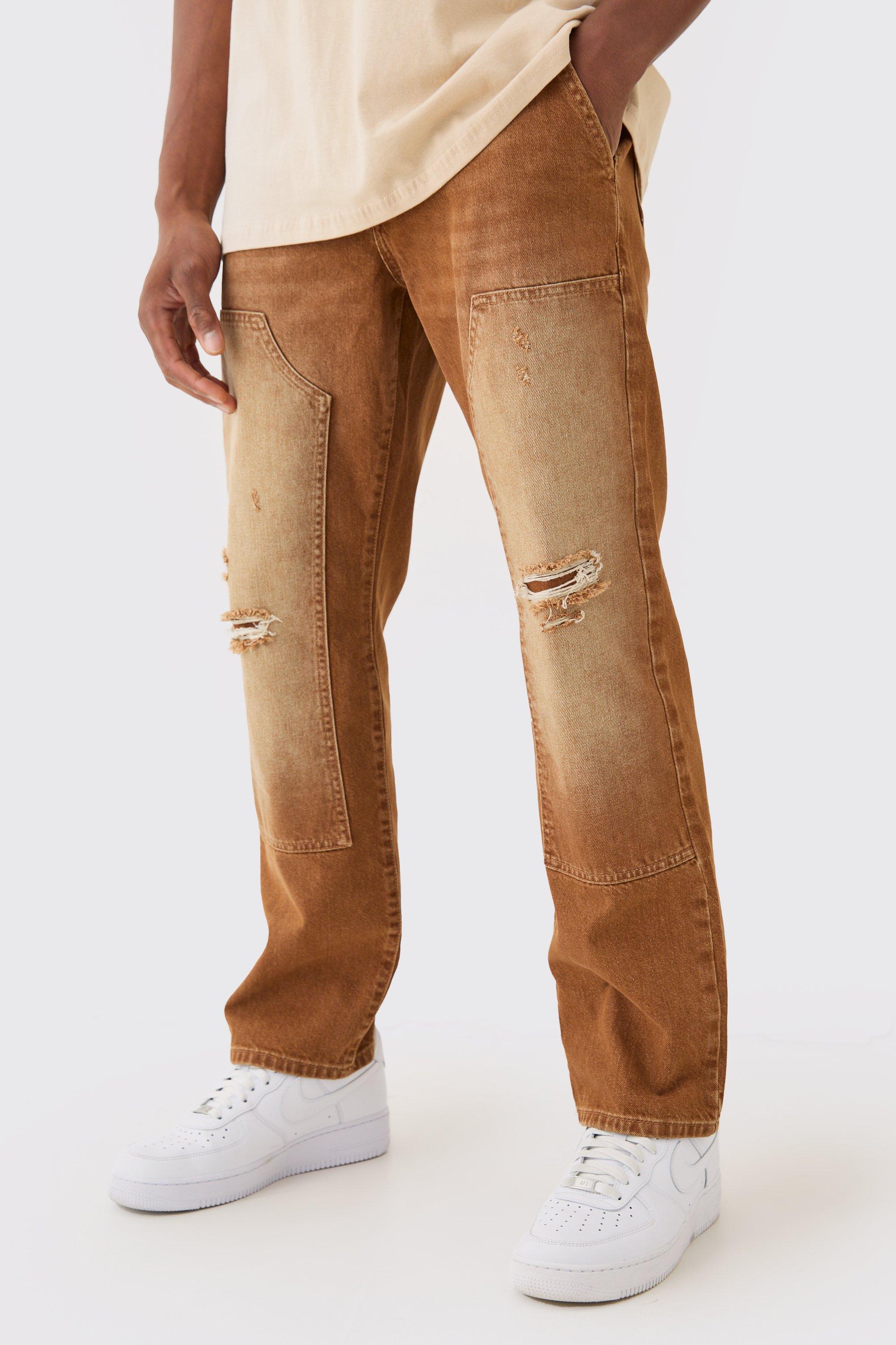 Mens Relaxed Rigid Ripped Carpenter Denim Jean In Brown, Brown