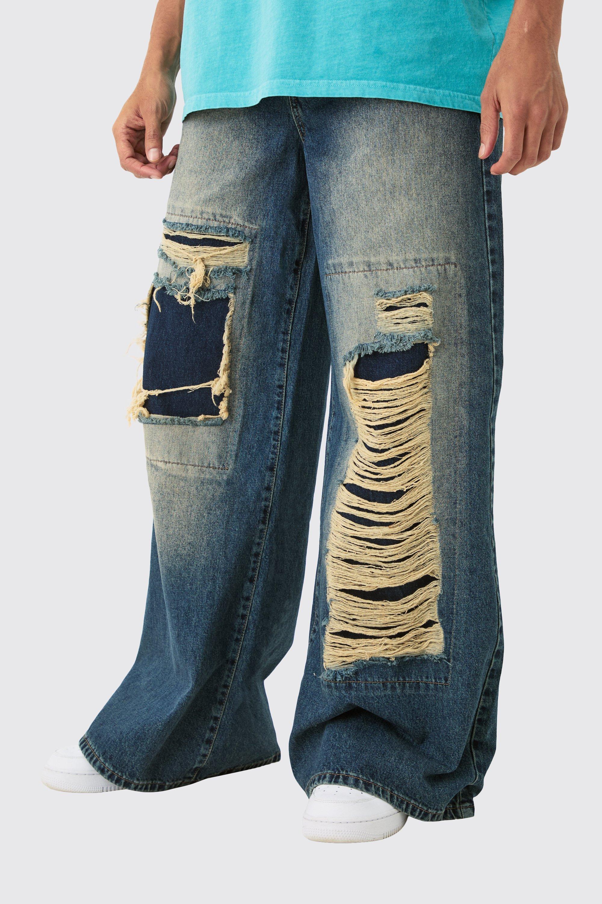 Image of Baggy Rigid Extreme Ripped Denim Jean In Antique Blue, Azzurro
