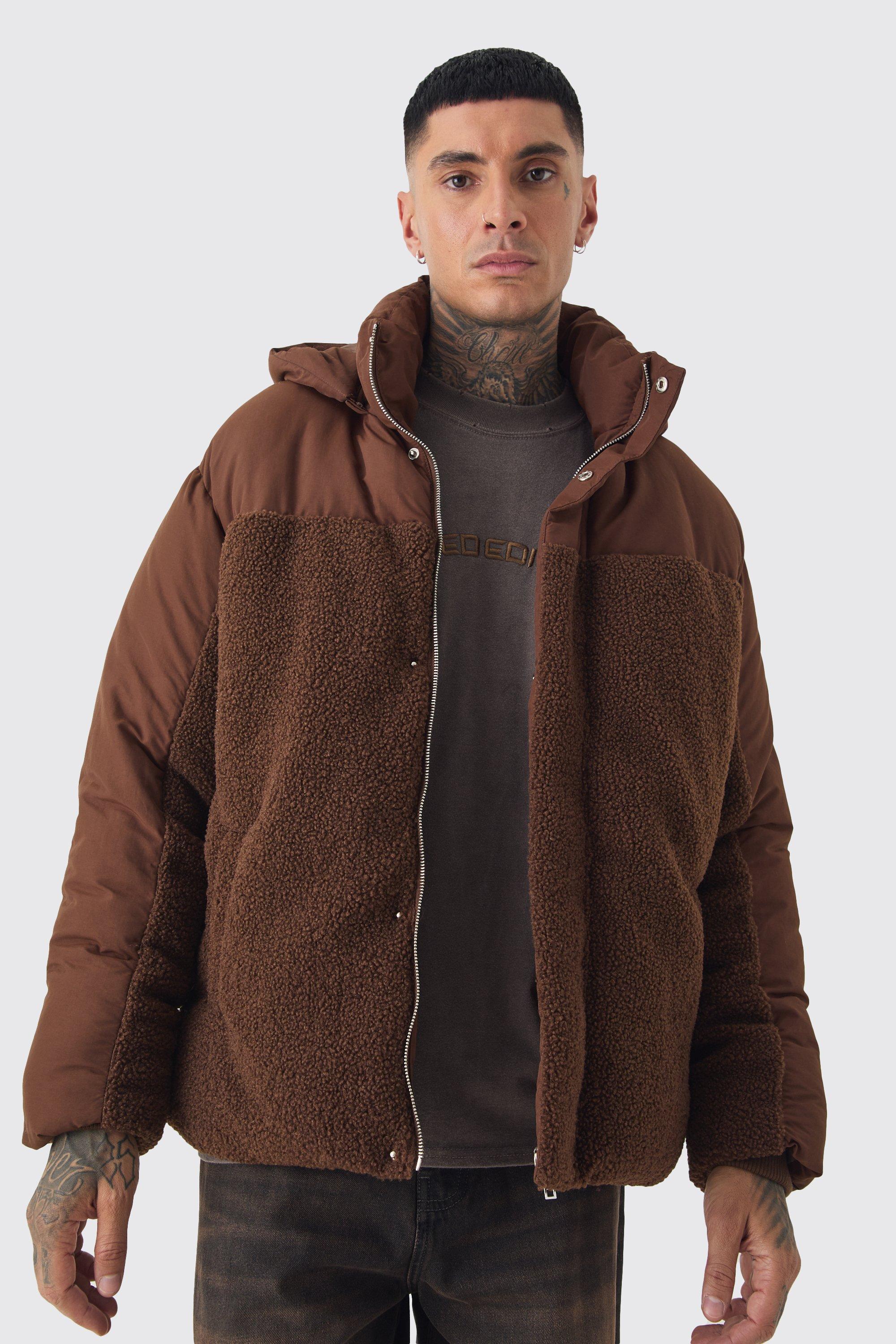 Mens Brown Tall Borg And Nylon Padded Coat In Chocolate, Brown