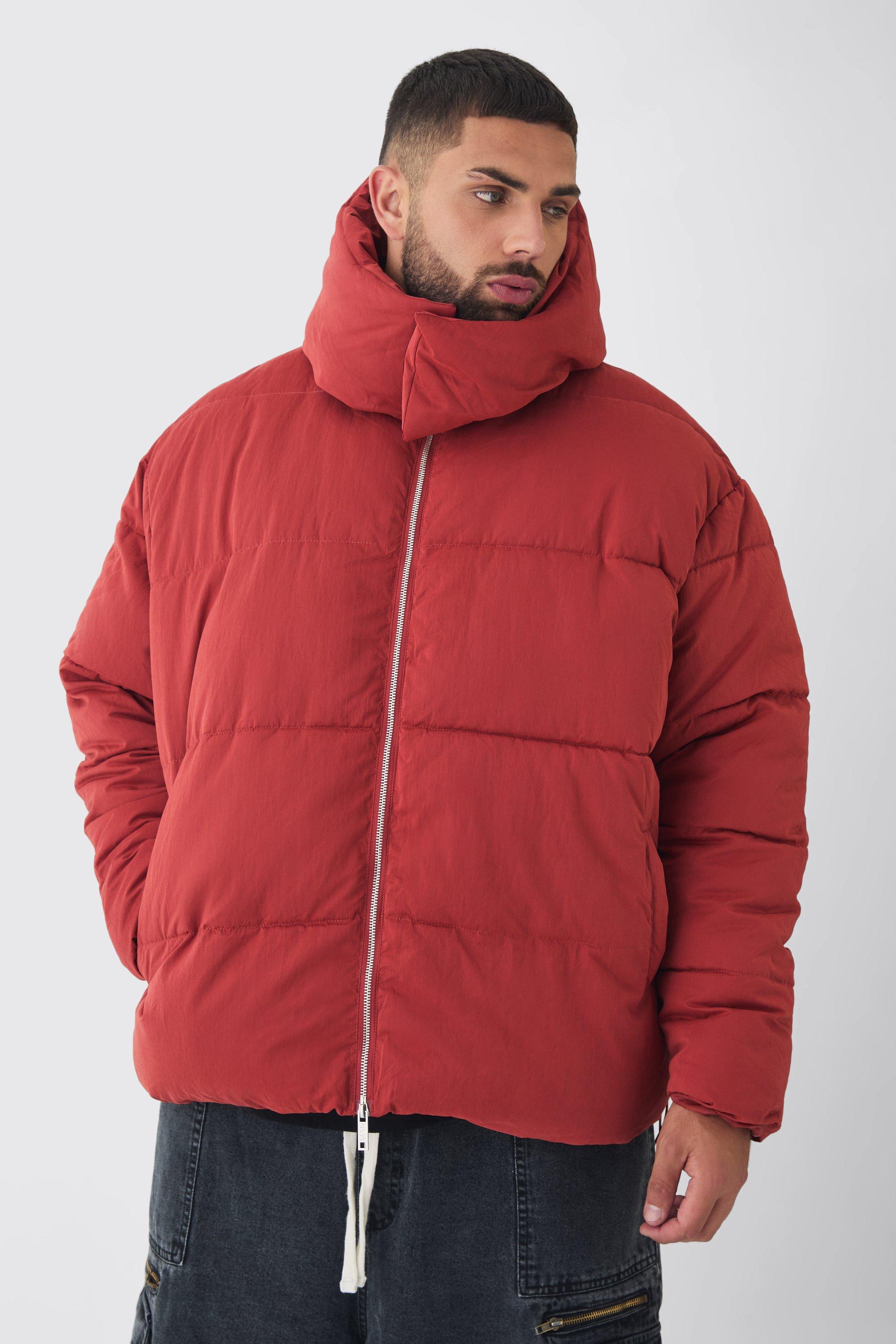 Mens Orange Plus Extended Funnel Neck Hooded Puffer Jacket In Rust, Orange