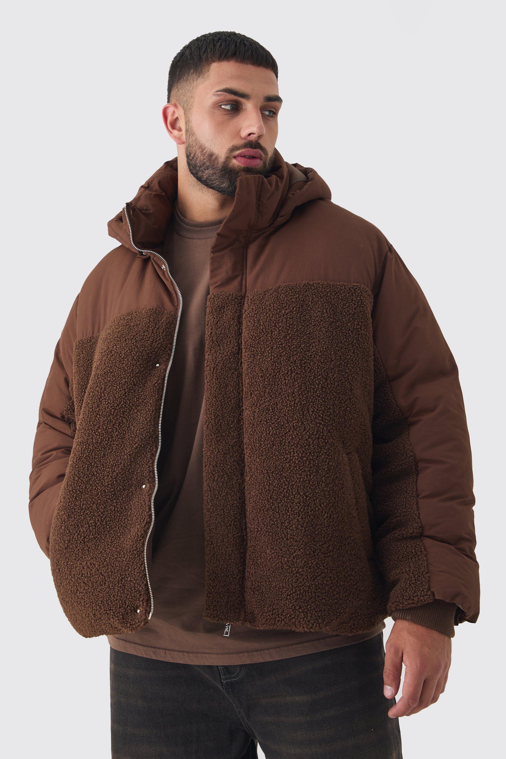 Mens Brown Plus Borg And Nylon Padded Coat In Chocolate, Brown