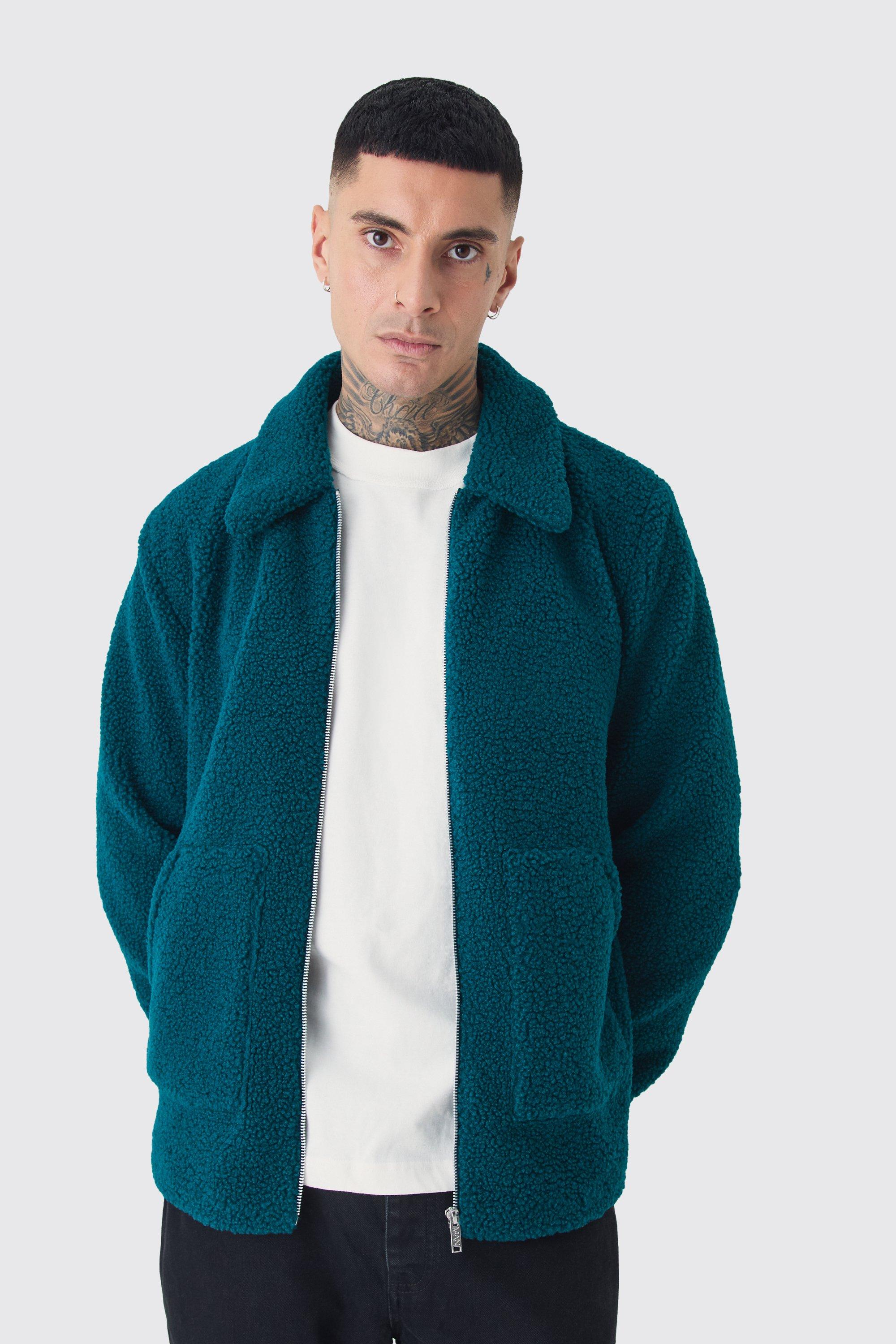 Mens Green Tall Borg Harrington Jacket In Teal, Green