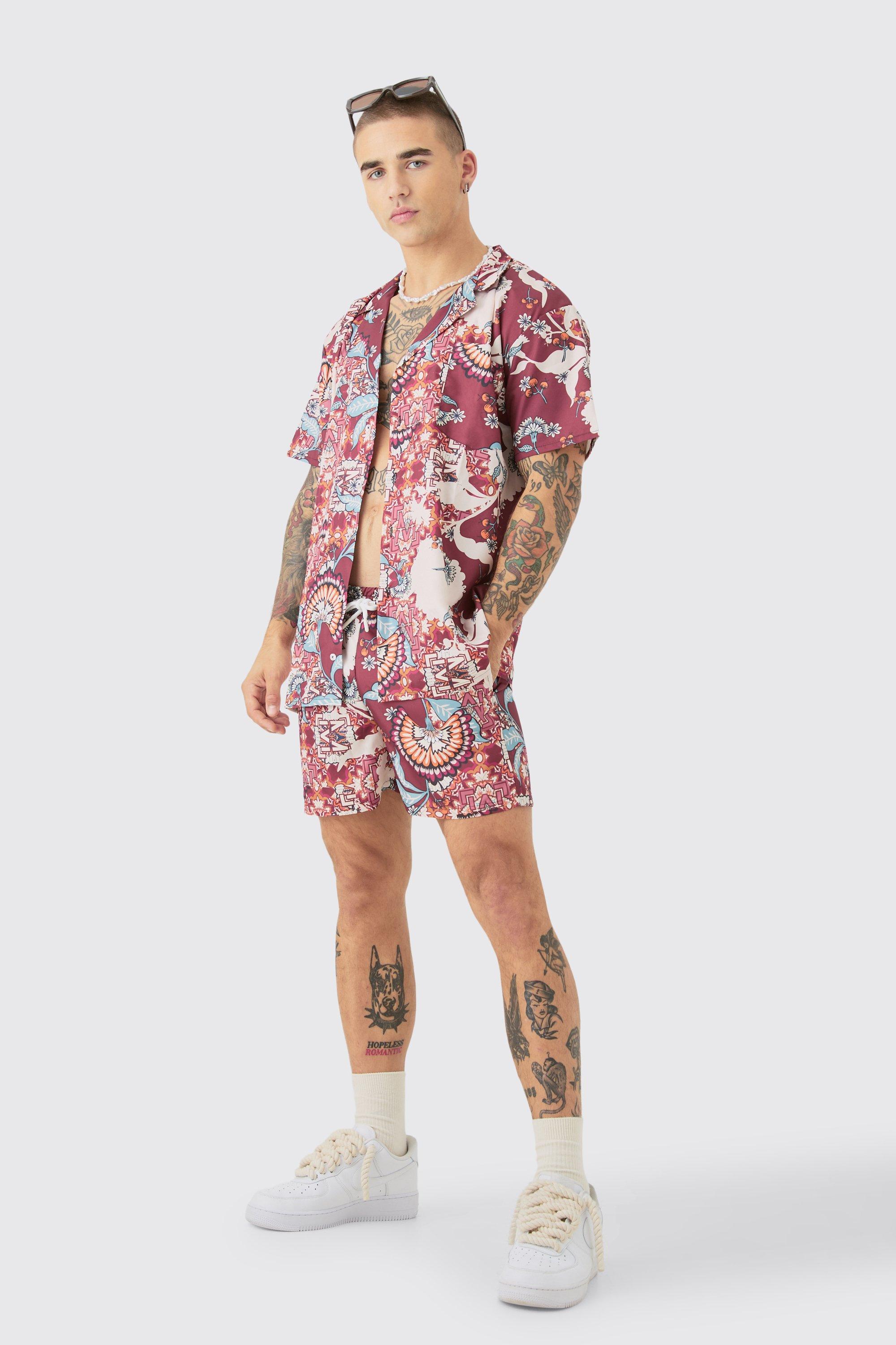 Mens Red Oversized Ripstop Floral Shirt & Swim Short Set, Red