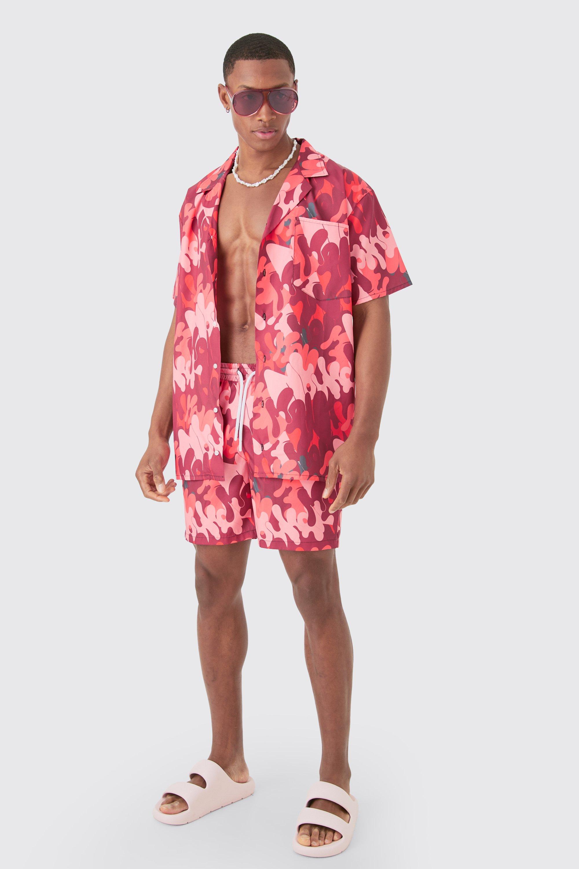 Mens Pink Oversized Ripstop Graffiti Shirt & Mid Swim Short Set, Pink