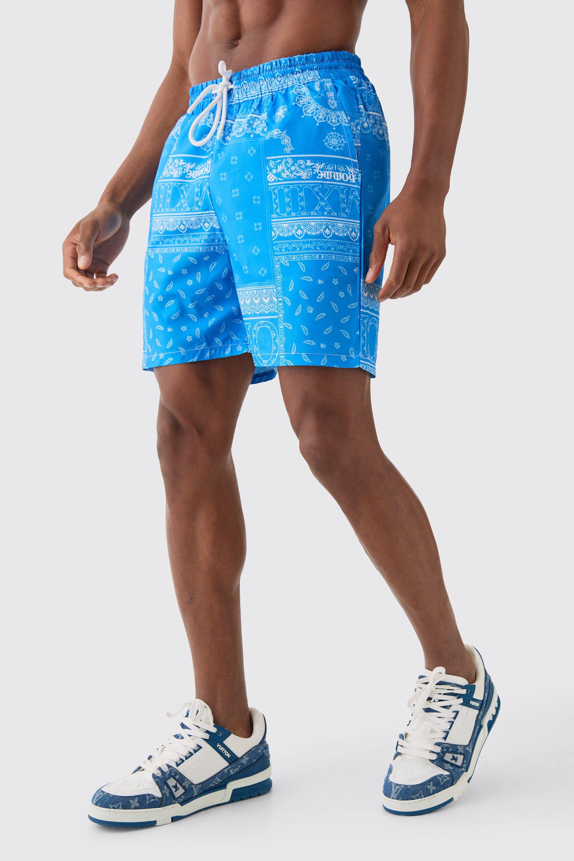 Mens Blue Mid Length Bandana Ripstop Swim Short, Blue