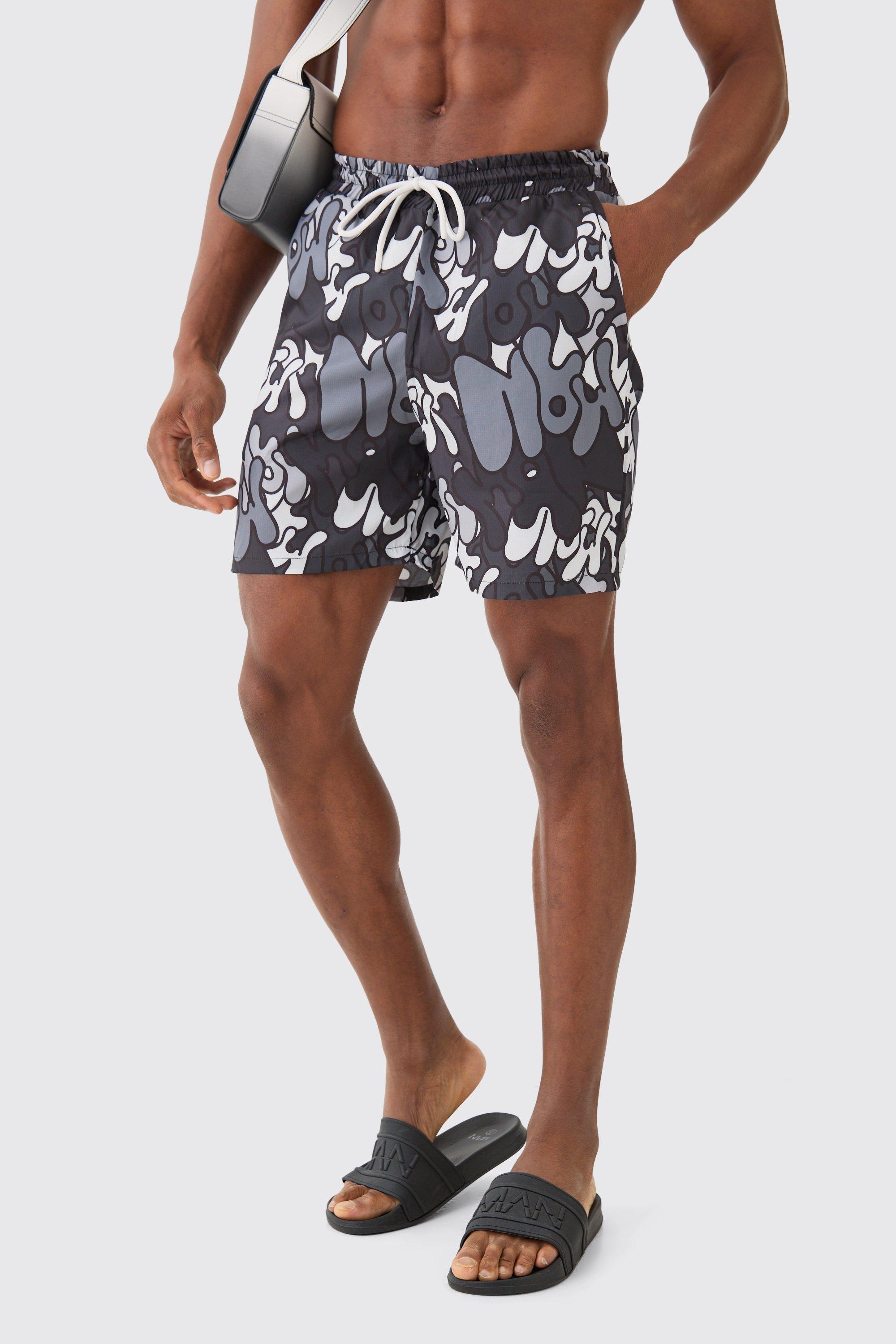 Mens Black Mid Length Graffiti Ripstop Swim Short, Black