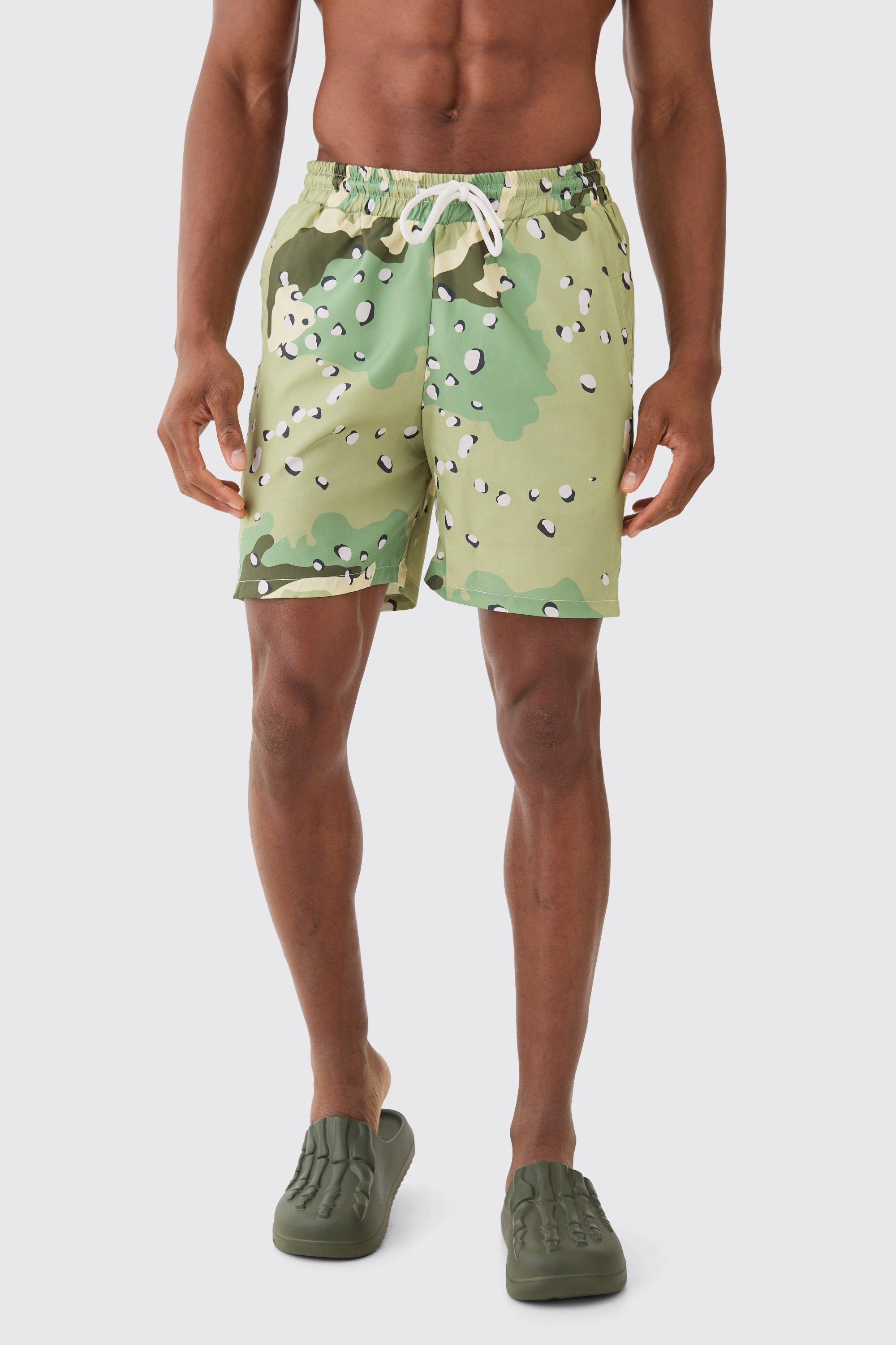 Mens Green Mid Length Camo Ripstop Swim Short, Green