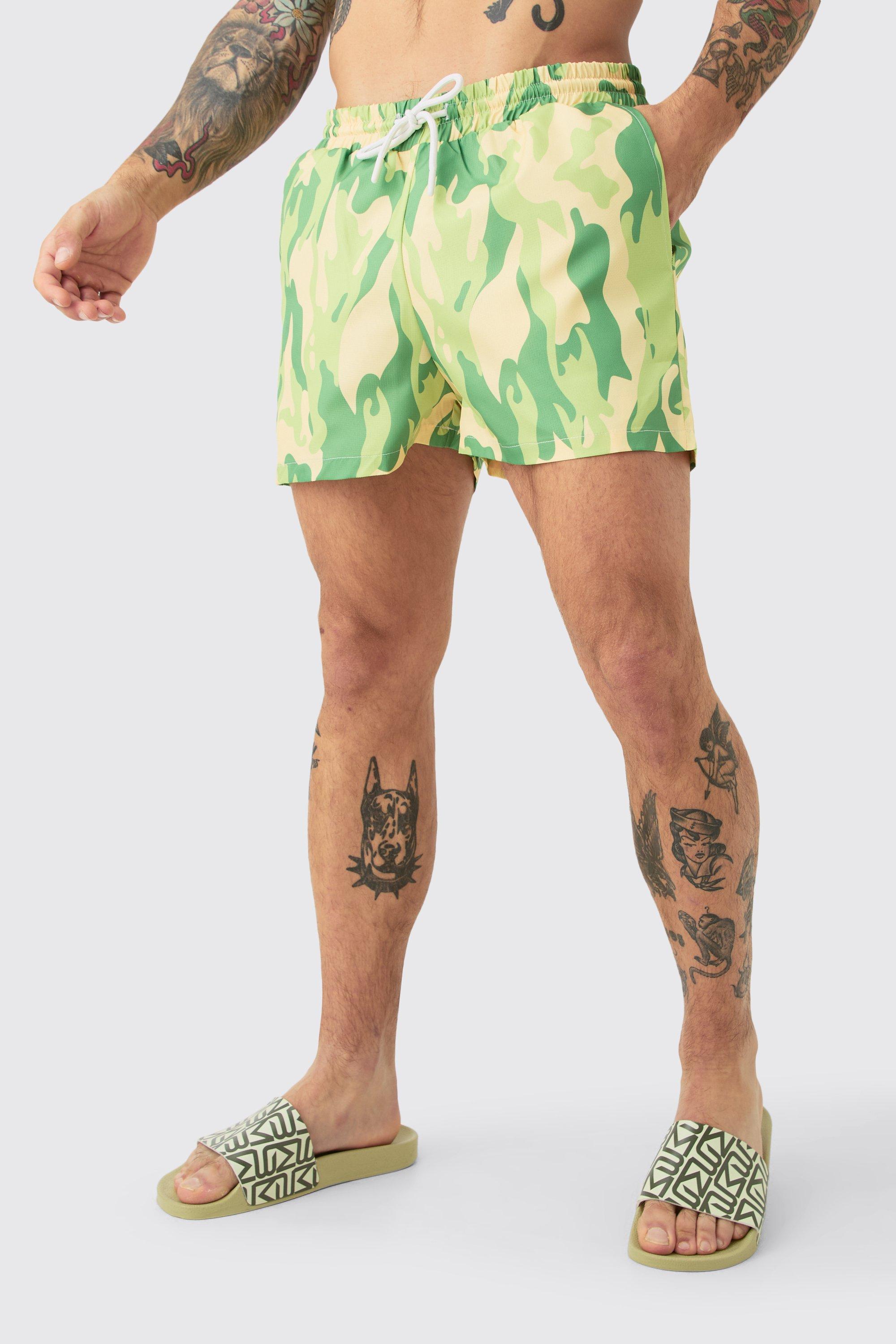 Mens Green Super Short Camo Ripstop Swim Short, Green