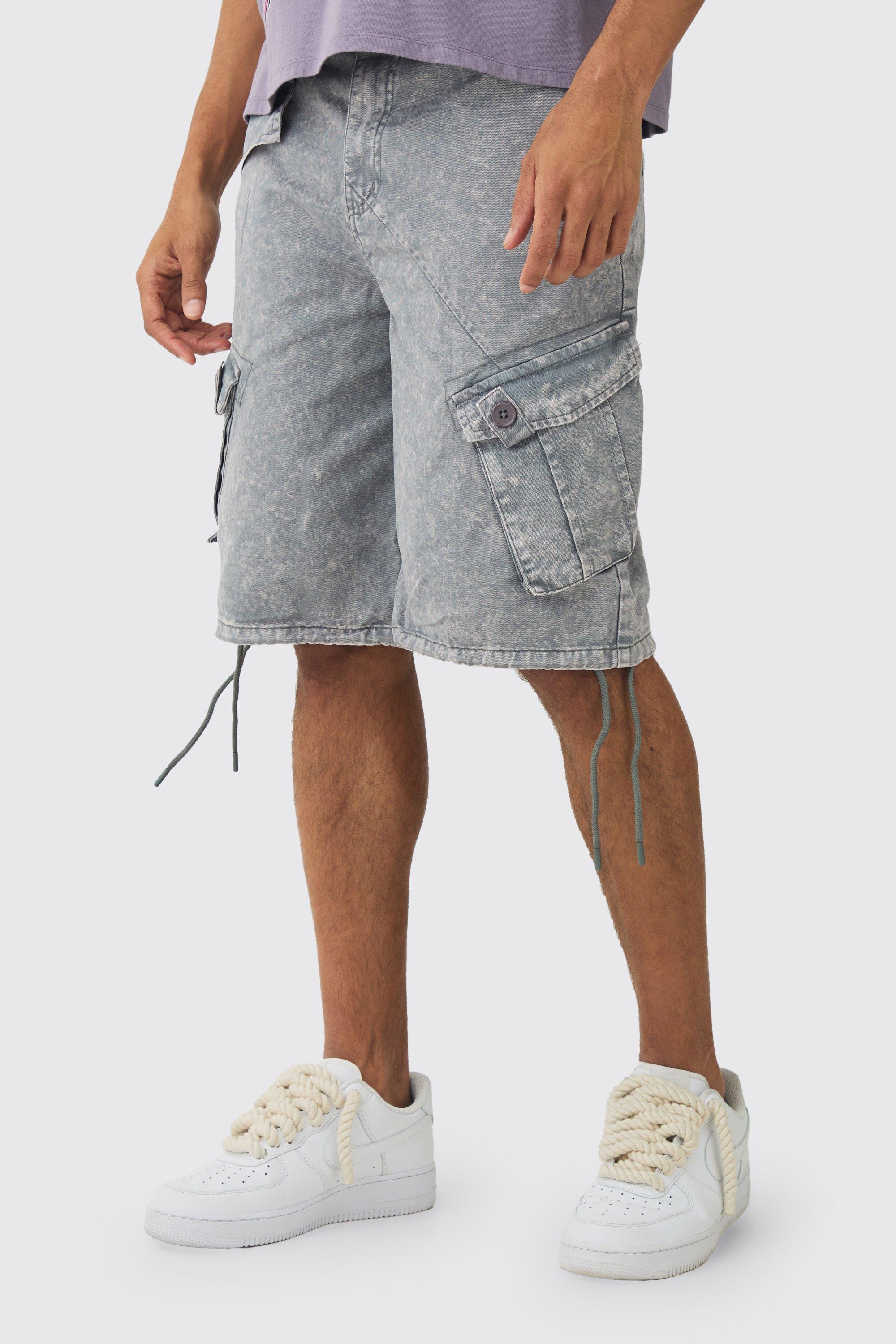 Mens Grey Fixed Waist Washed Cargo Jort, Grey