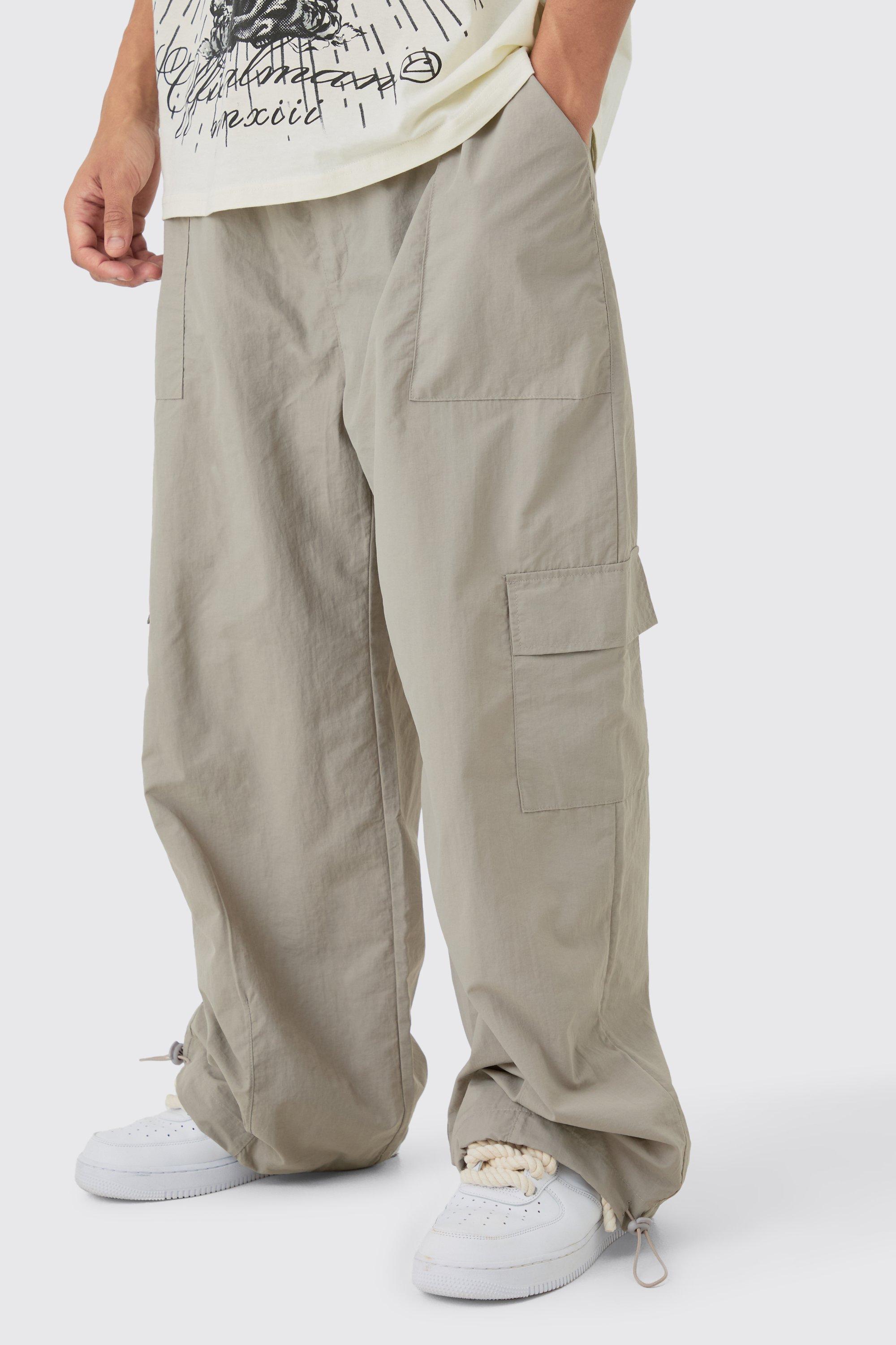 Image of Elastic Waist Cargo Pocket Parachute Trousers, Grigio