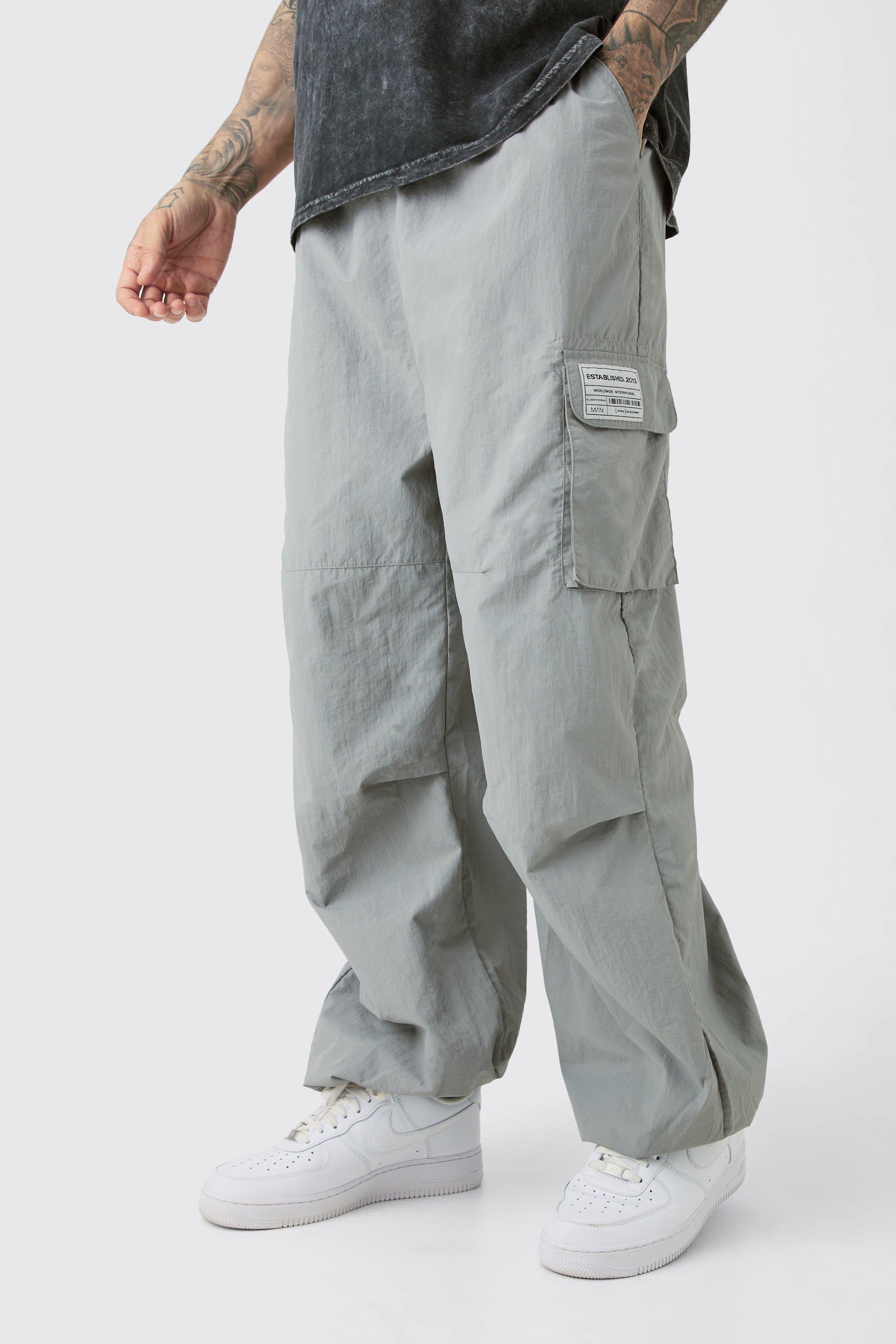 Boohoo Tall Pleat Knee Branded Parachute Pants, Grey