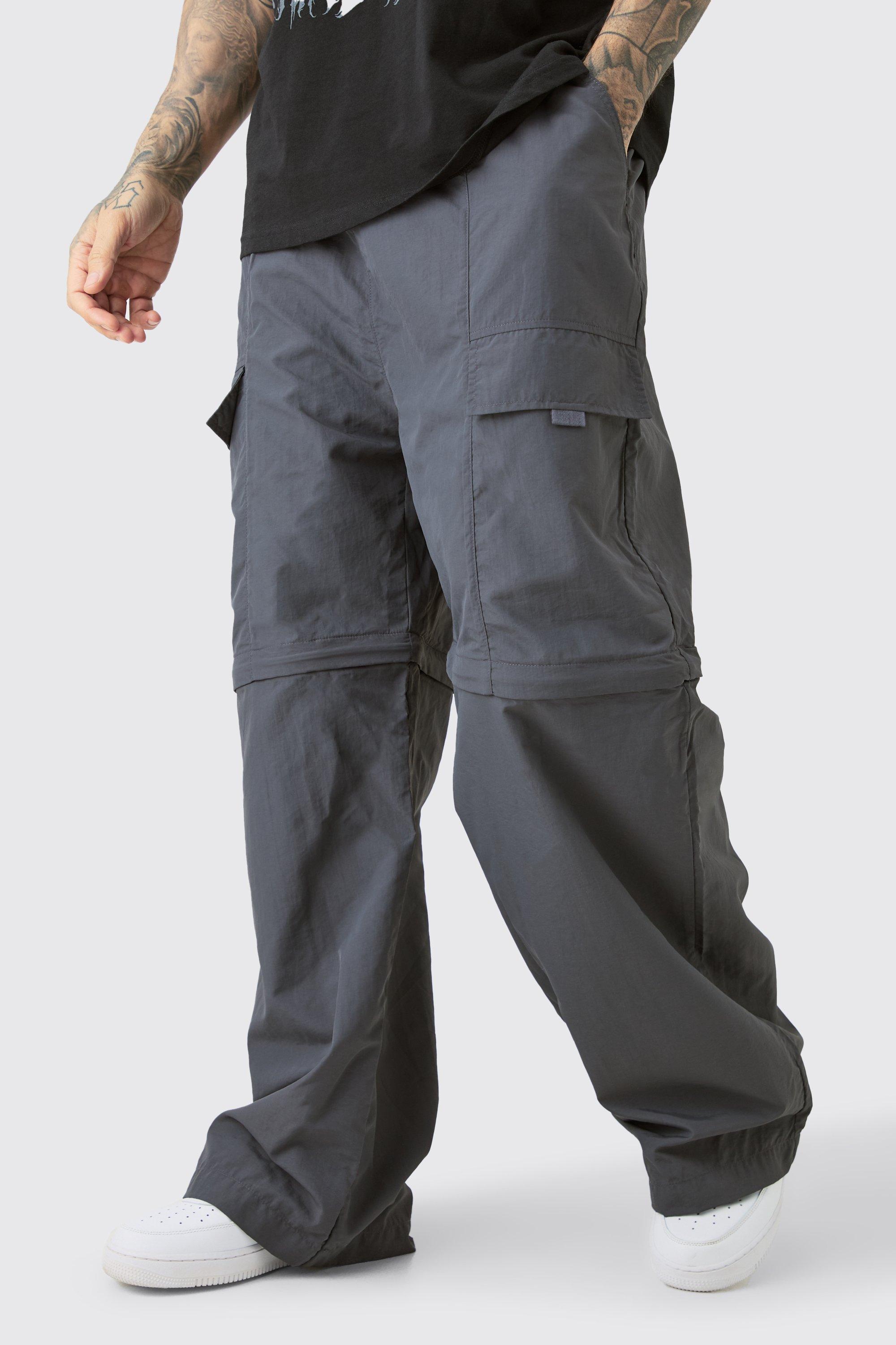 Mens Grey Tall Zip Off Cargo Parachute Trousers, Grey