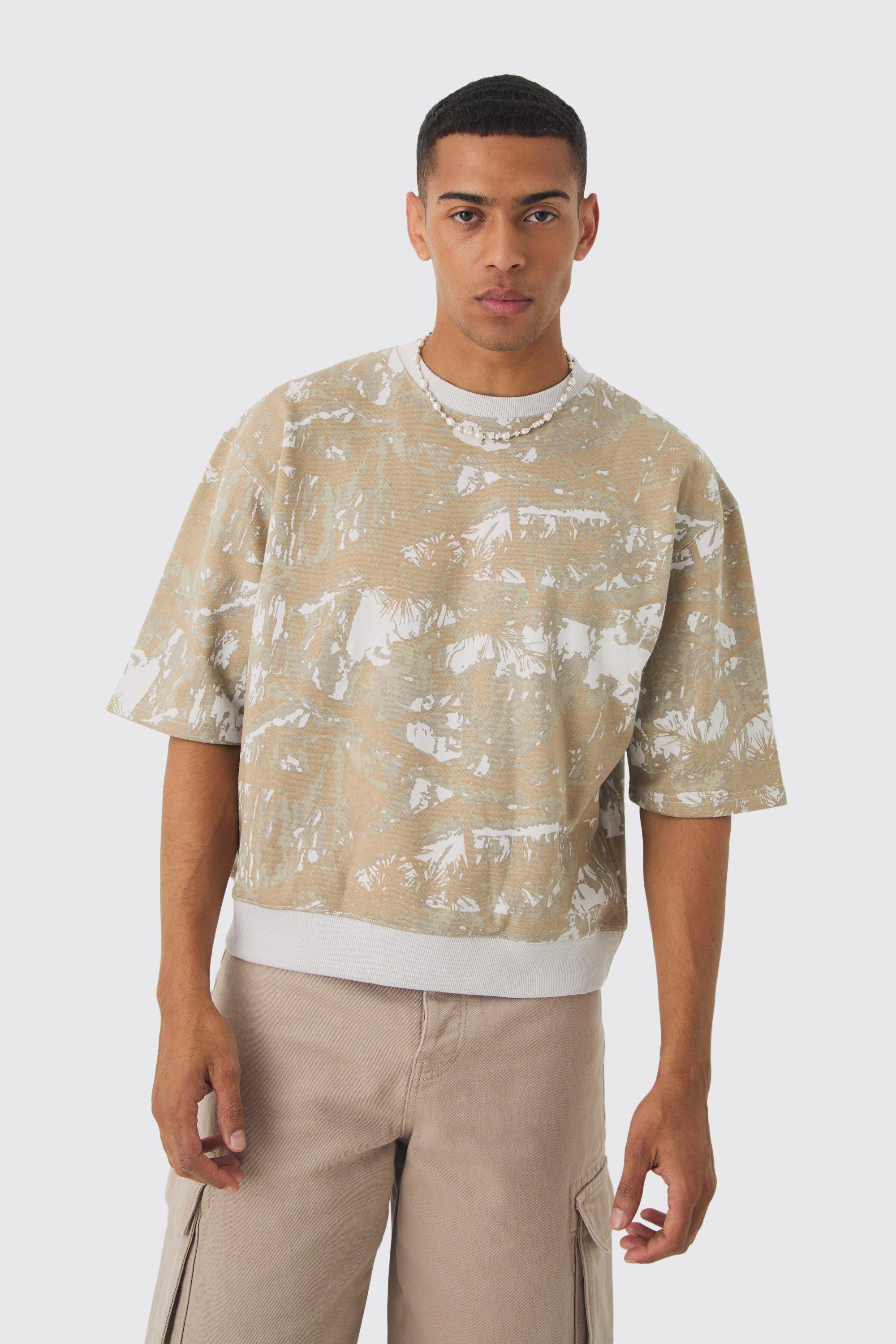 Mens Beige Oversized Boxy Short Sleeve Forest Printed Sweatshirt, Beige