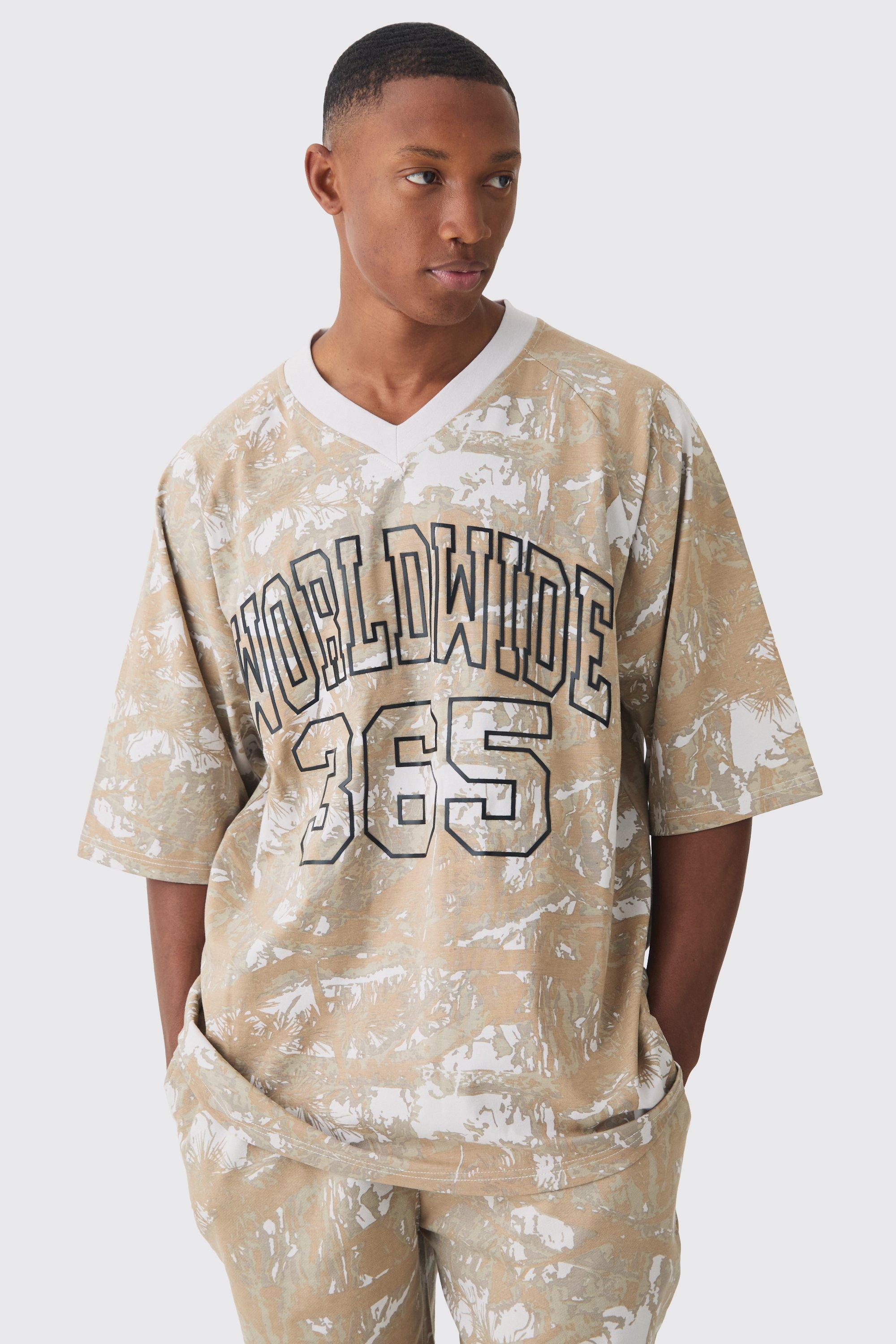 Mens Beige Oversized Football Worldwide Forest Printed T-shirt, Beige