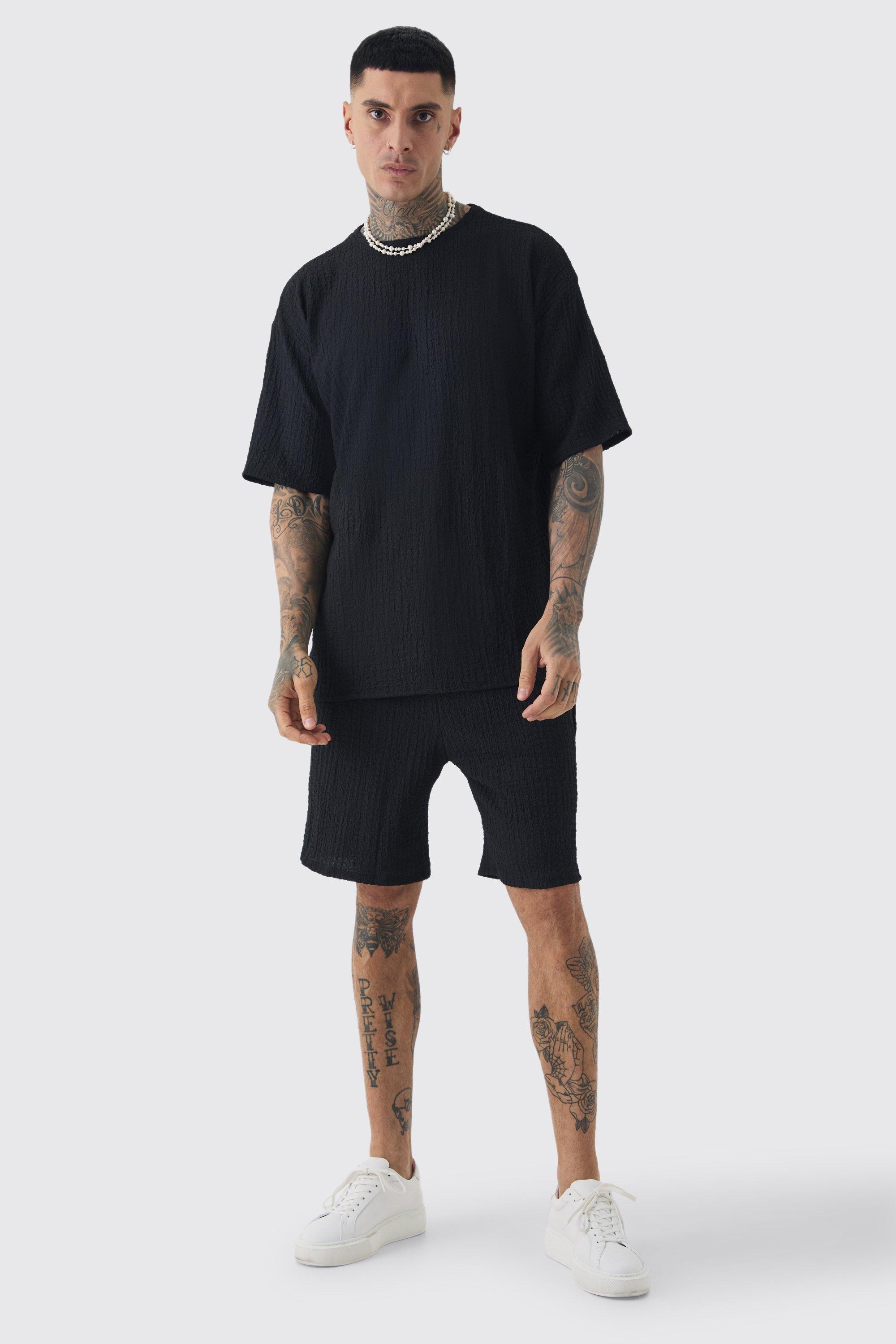 Mens Black Tall Crinkle Textured T-Shirt & Short Set, Black