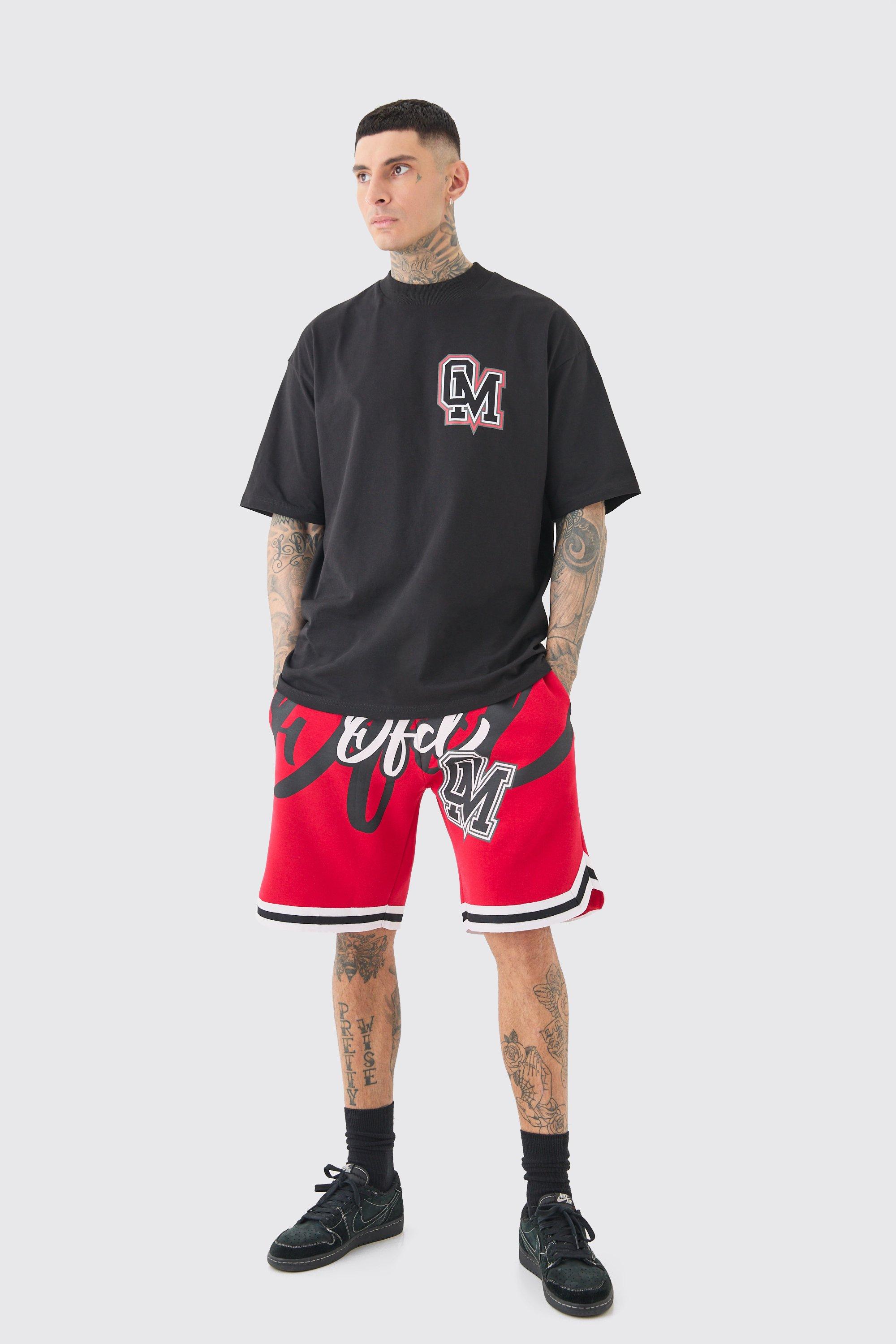 Mens Black Tall Oversized OFCL Basketball T-shirt & Short Set, Black